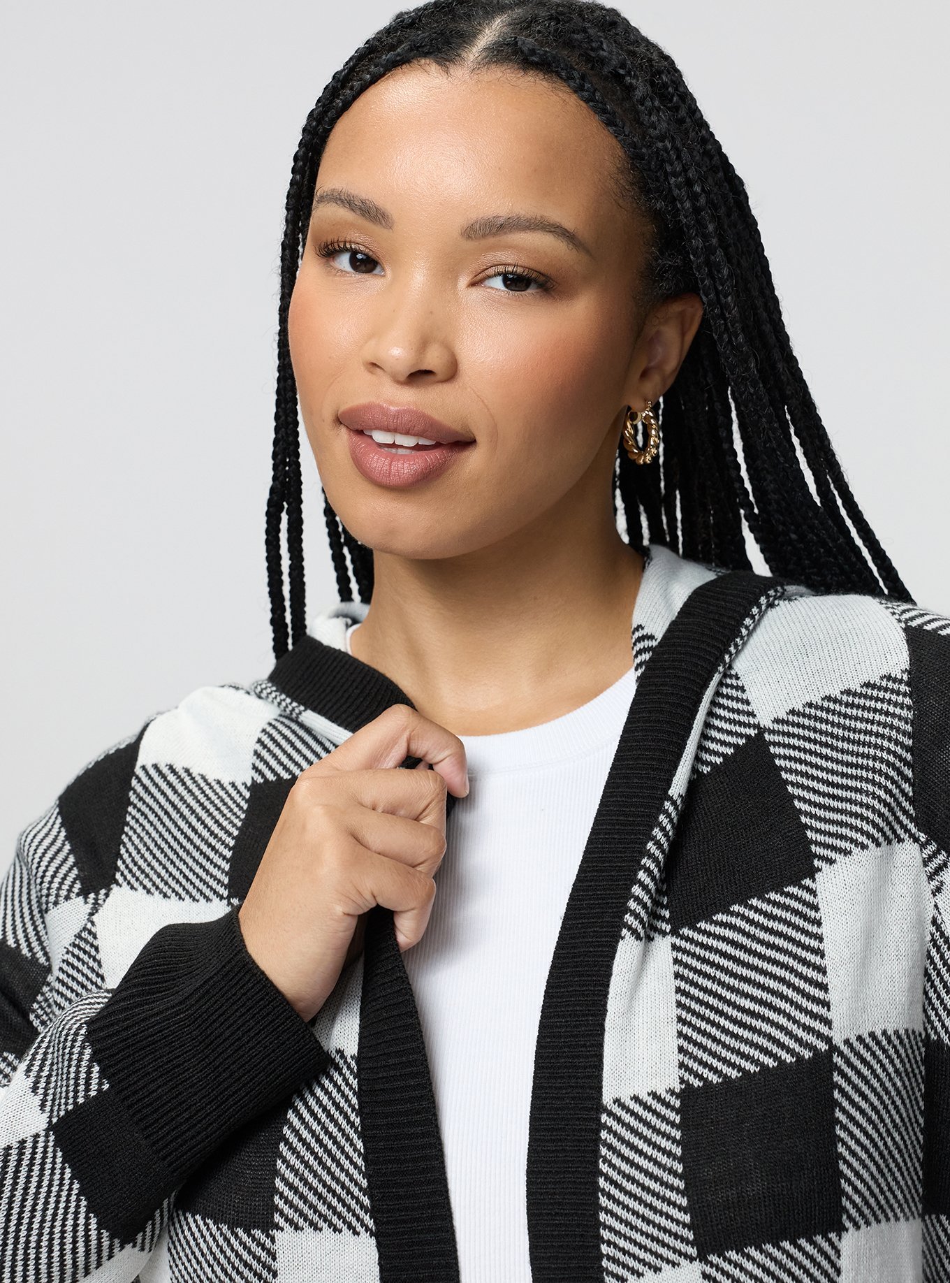 Jacquard Open Front Cardigan, BUFFALO PLAID IVORY, alternate