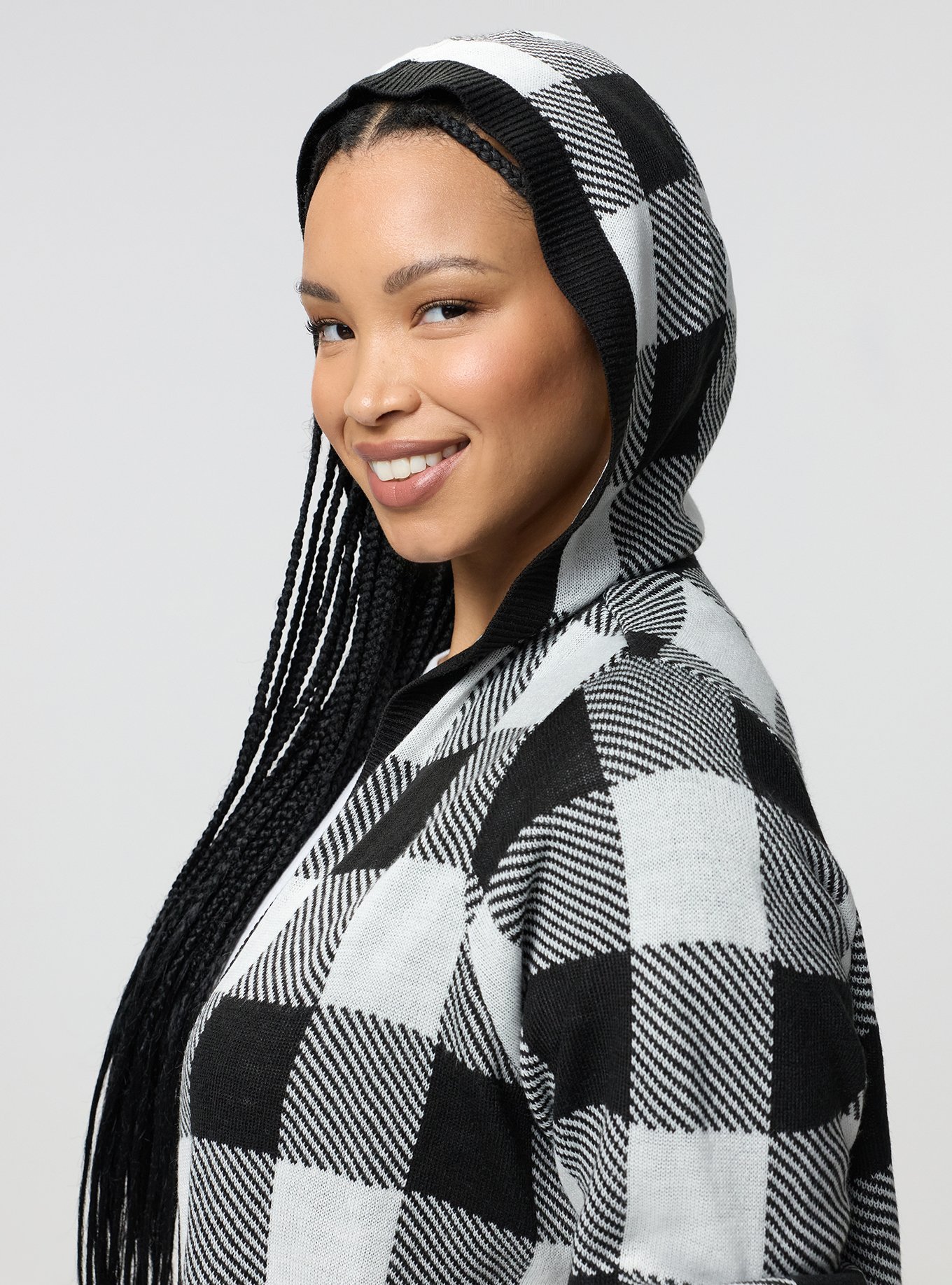 Jacquard Open Front Cardigan, BUFFALO PLAID IVORY, alternate