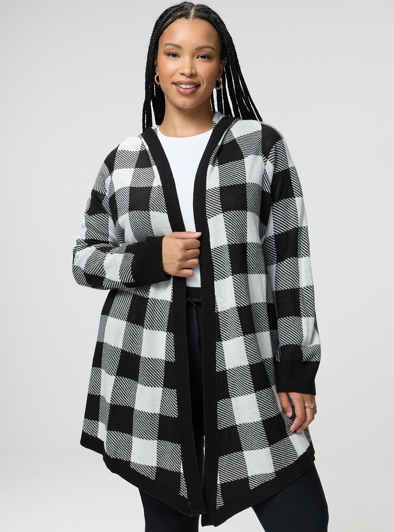 Jacquard Open Front Cardigan, BUFFALO PLAID IVORY, hi-res