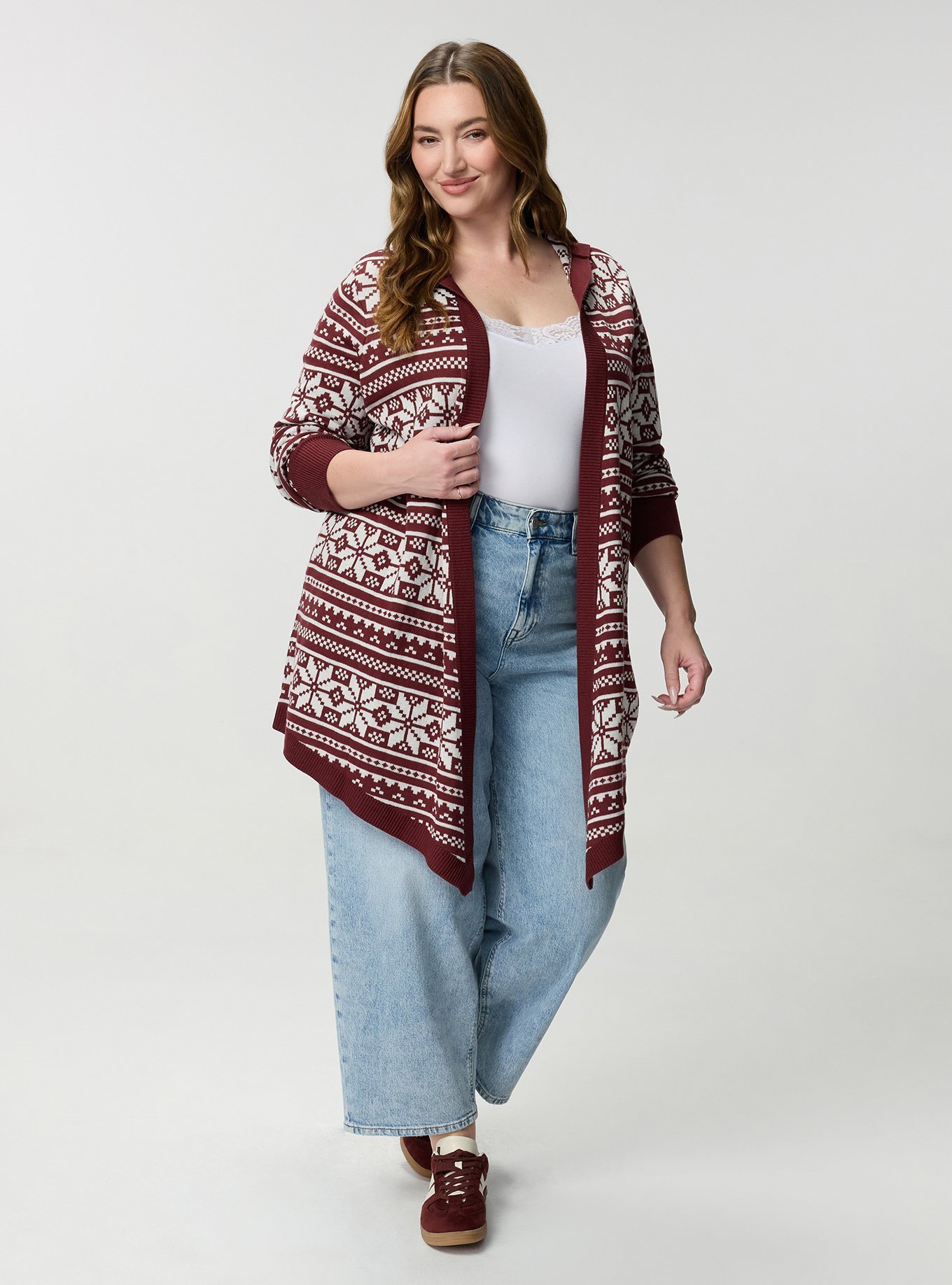 Jacquard Open Front Cardigan, JANE FAIR ISLE MAROON, alternate