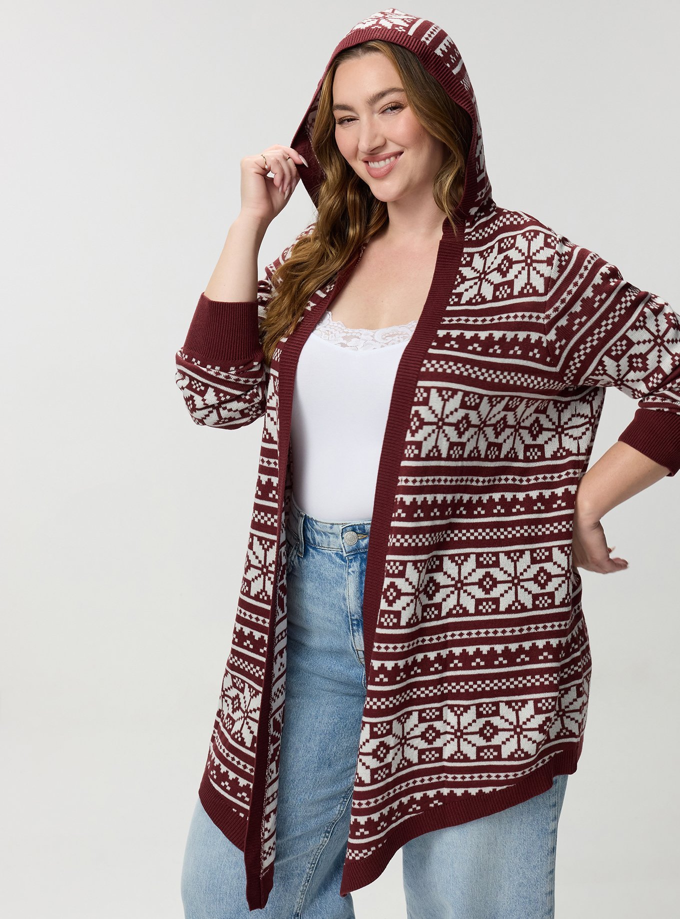 Jacquard Open Front Cardigan, JANE FAIR ISLE MAROON, alternate