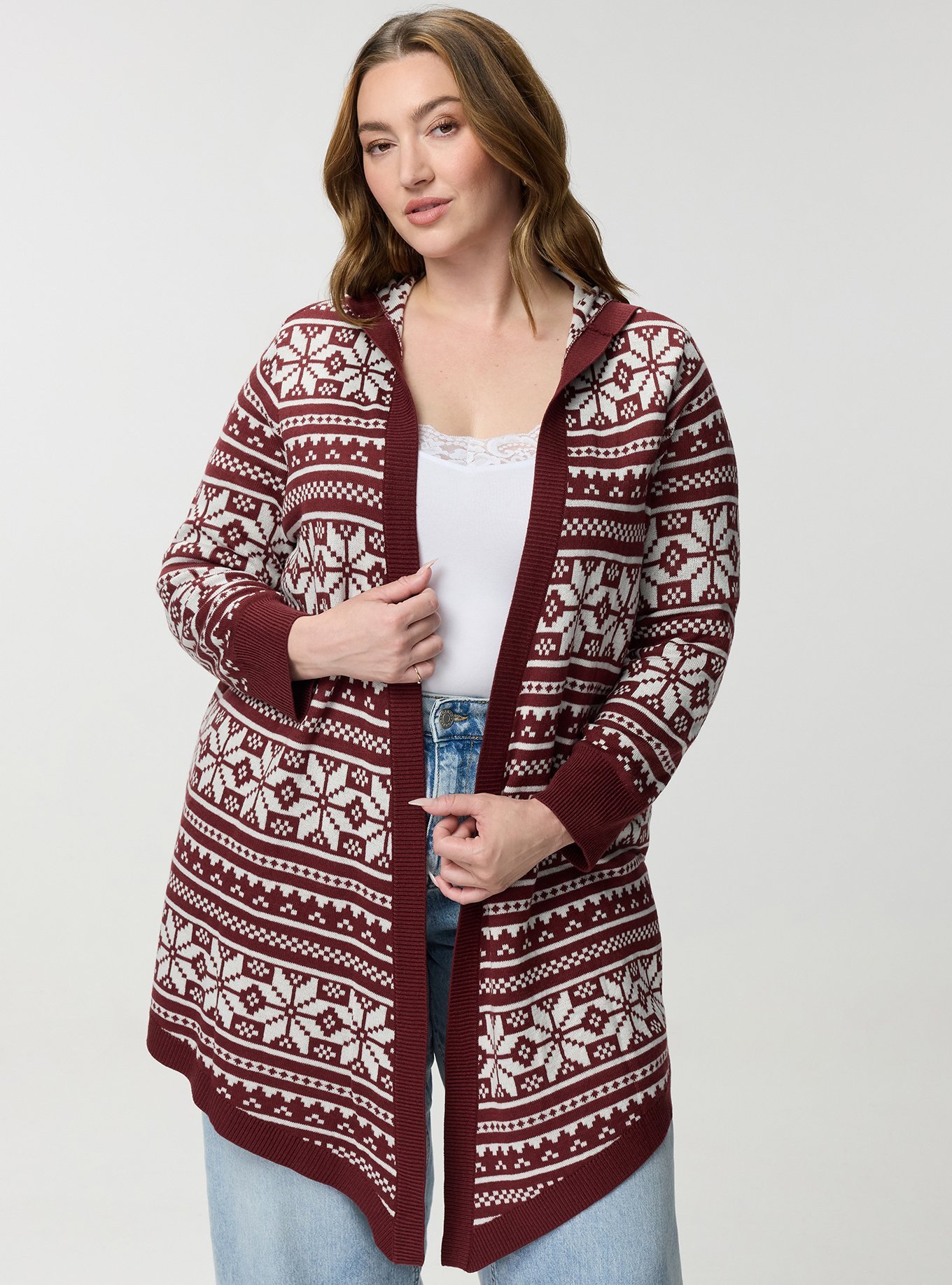 Jacquard Open Front Cardigan, JANE FAIR ISLE MAROON, hi-res