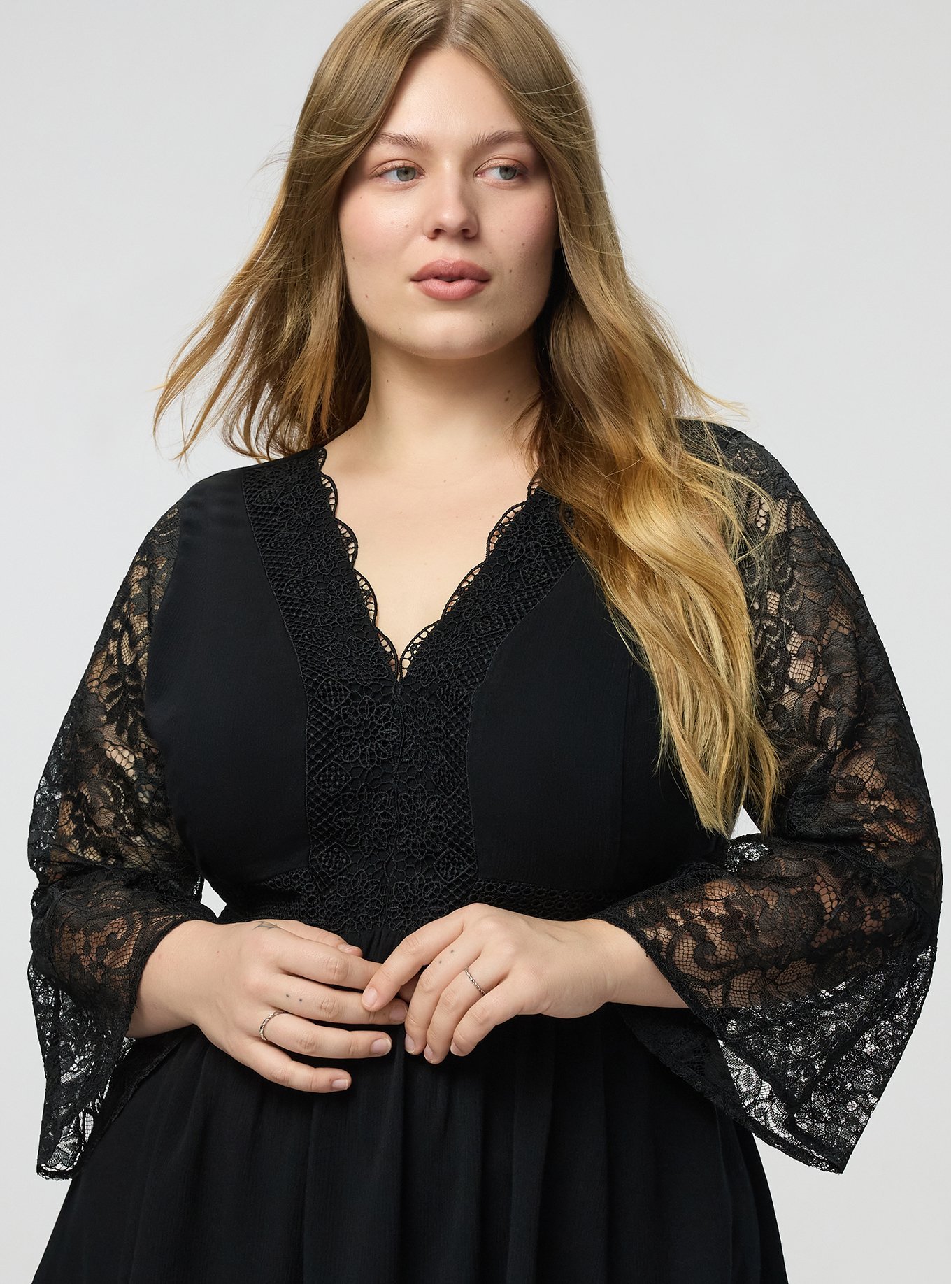 Crochet & Lace Babydoll Top, DEEP BLACK, alternate
