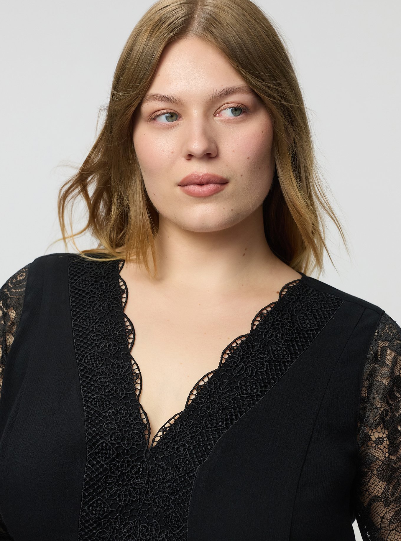 Crochet & Lace Babydoll Top, DEEP BLACK, alternate