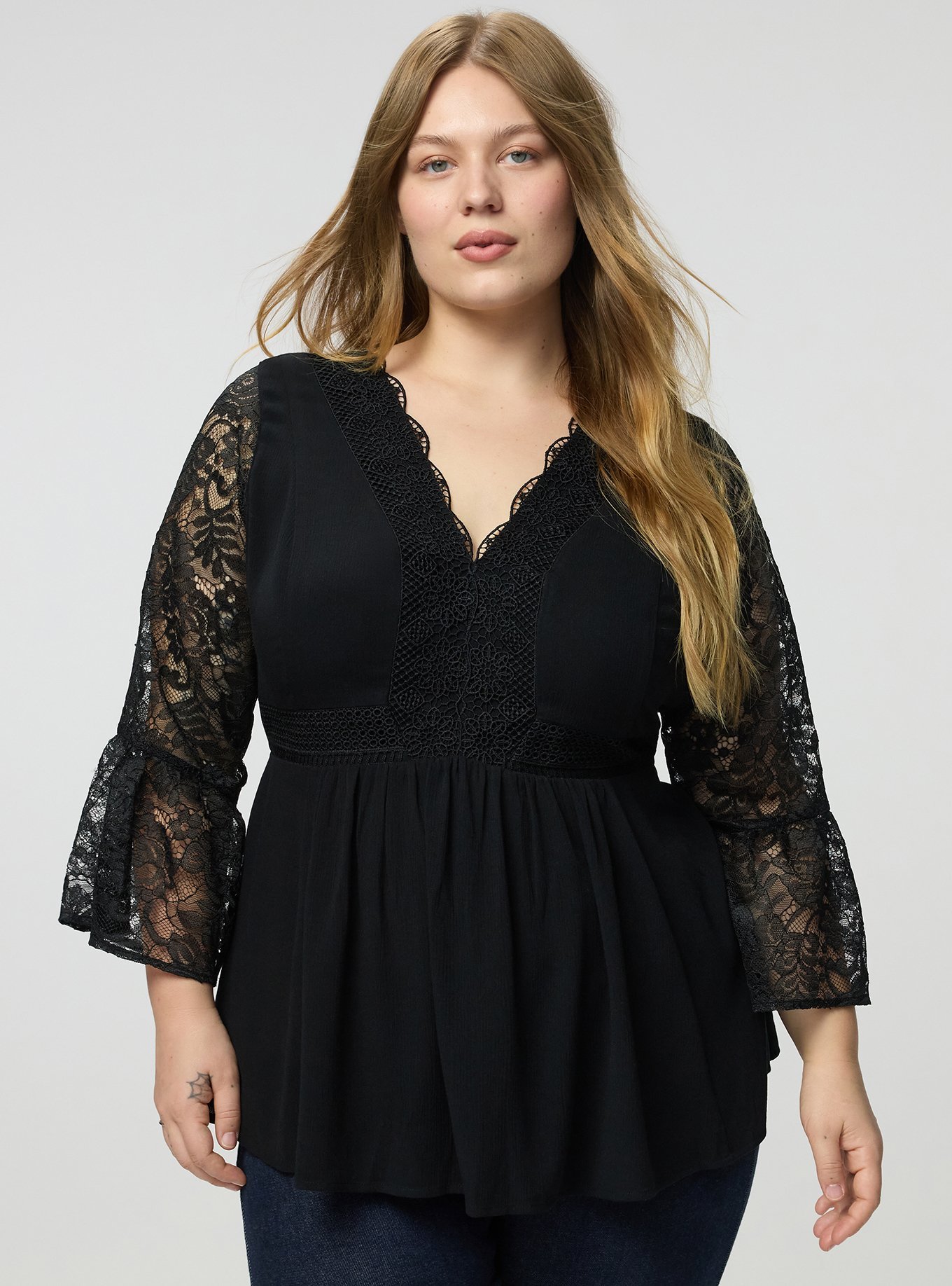 Crochet & Lace Babydoll Top, DEEP BLACK, hi-res