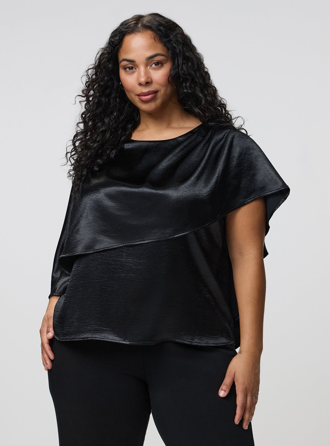 Plus Size Studio Asymmetrical Cape Blouse, DEEP BLACK, alternate