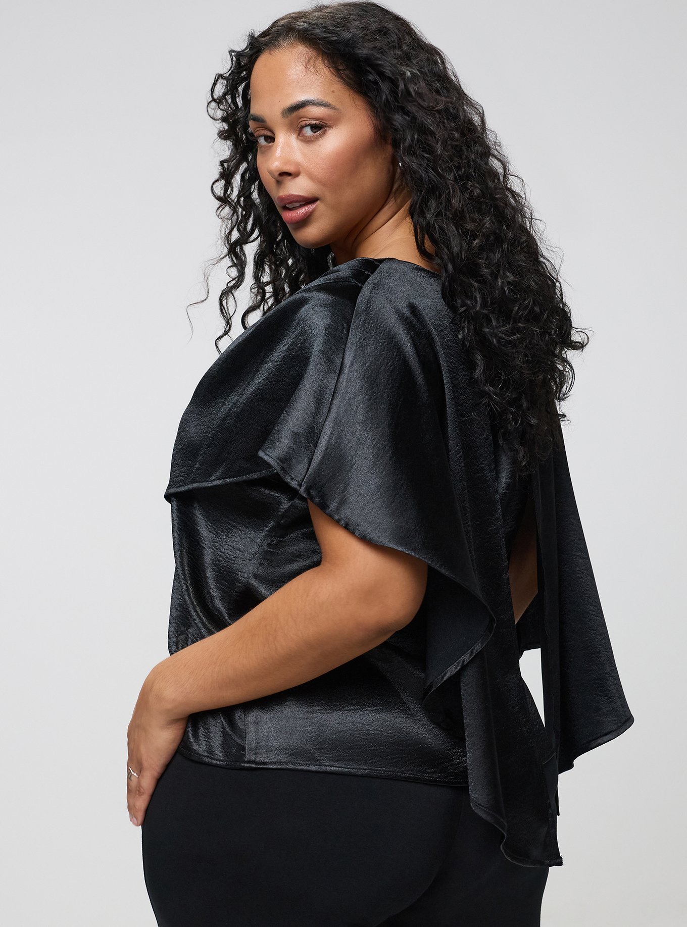 Plus Size Studio Asymmetrical Cape Blouse, DEEP BLACK, hi-res