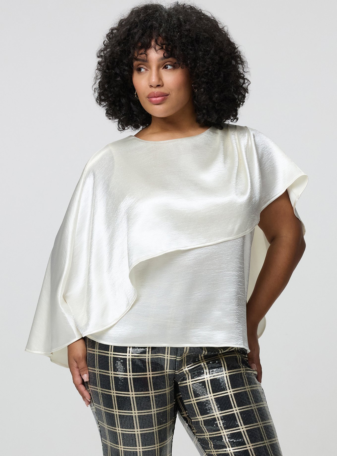 Plus Size Studio Asymmetrical Cape Blouse, CLOUD DANCER, hi-res