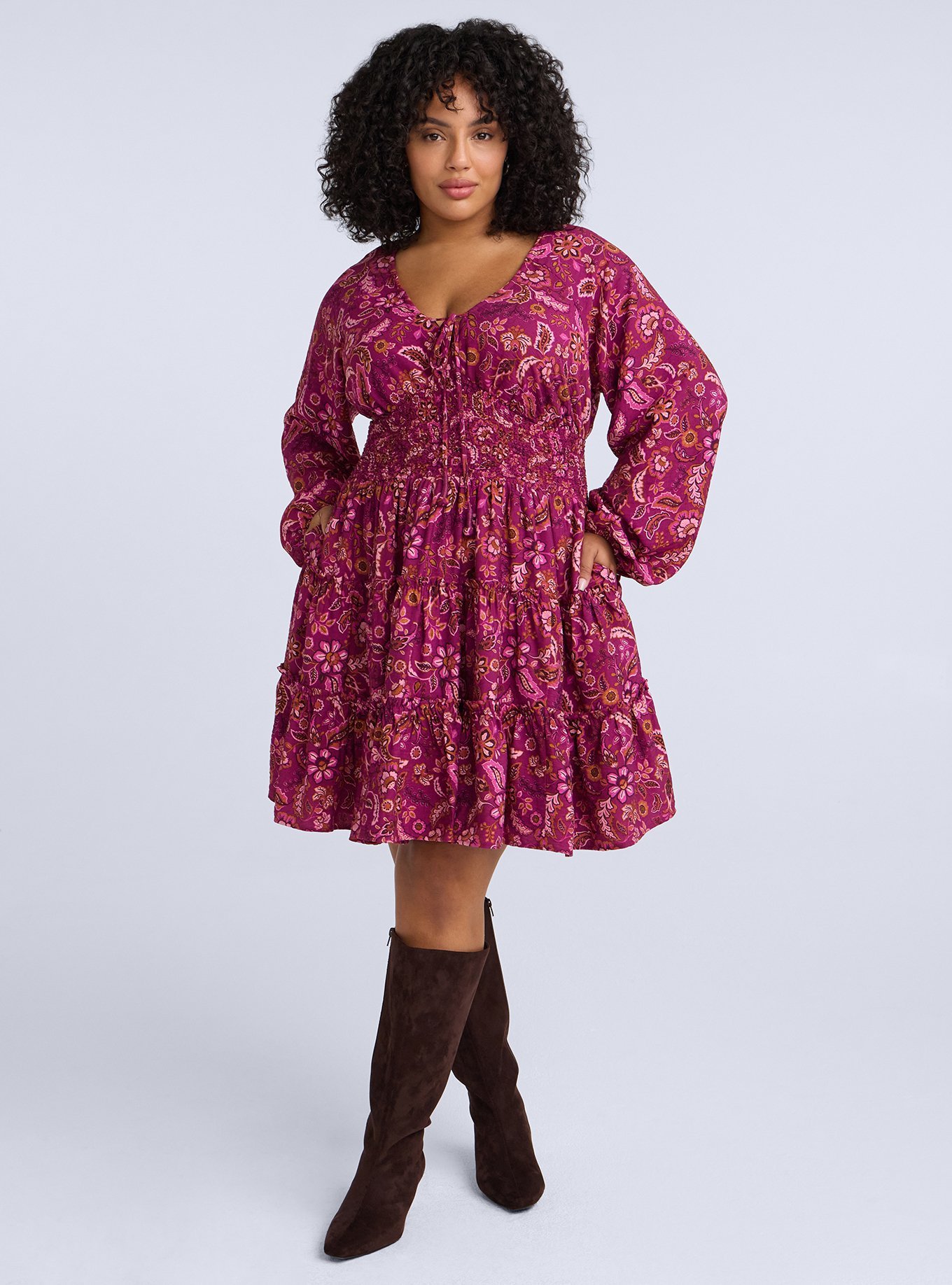Belle Isle Smocked Waist Tiered Mini Dress, PETIT PRISCA FLORAL PLUM, hi-res