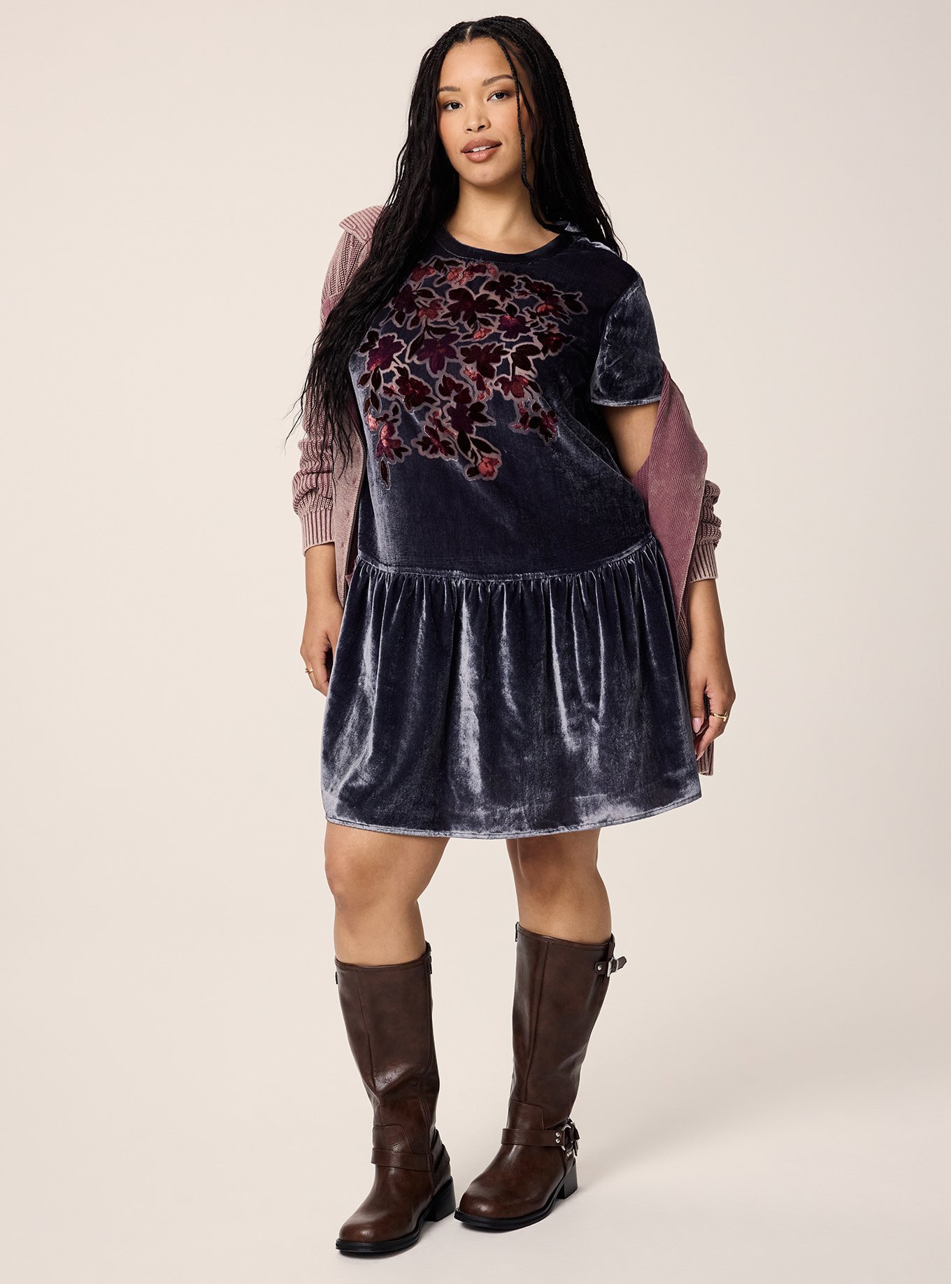 Festi Drop Waist Velour Mini Dress, GRAPHITE, alternate
