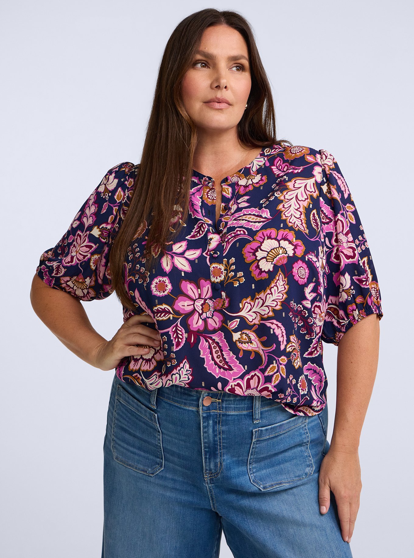 Belle Isle Elbow Puff Sleeve Top, PRISCA PAISLEY FLORAL NAVY, alternate