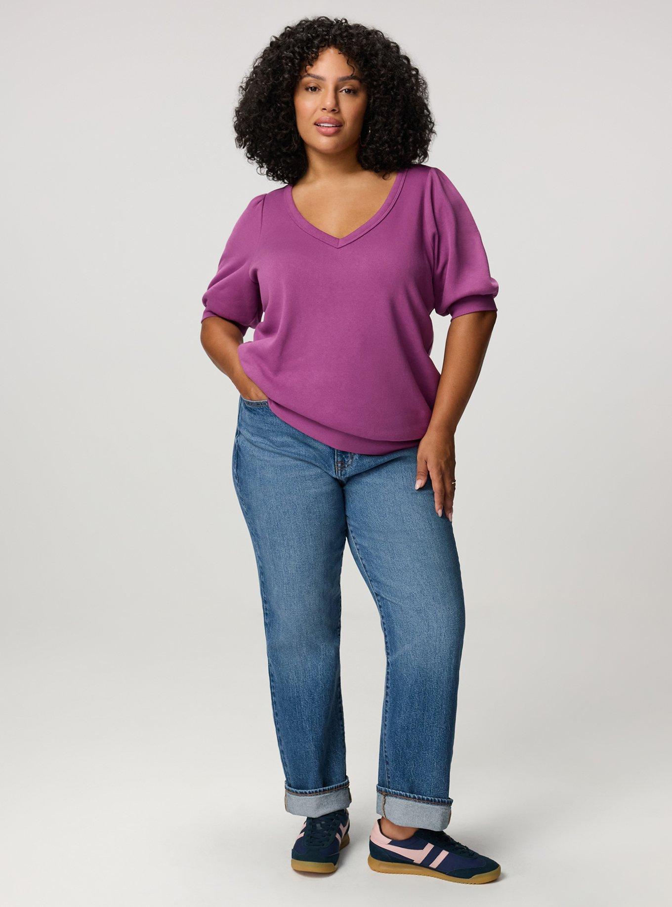 Cozy Fleece Elbow Sleeve V-Neck Sweatshirt, AMETHYST, alternate