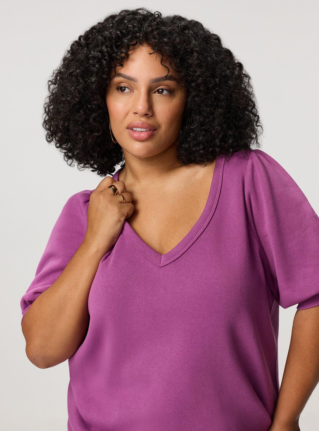 Cozy Fleece Elbow Sleeve V-Neck Sweatshirt, AMETHYST, alternate