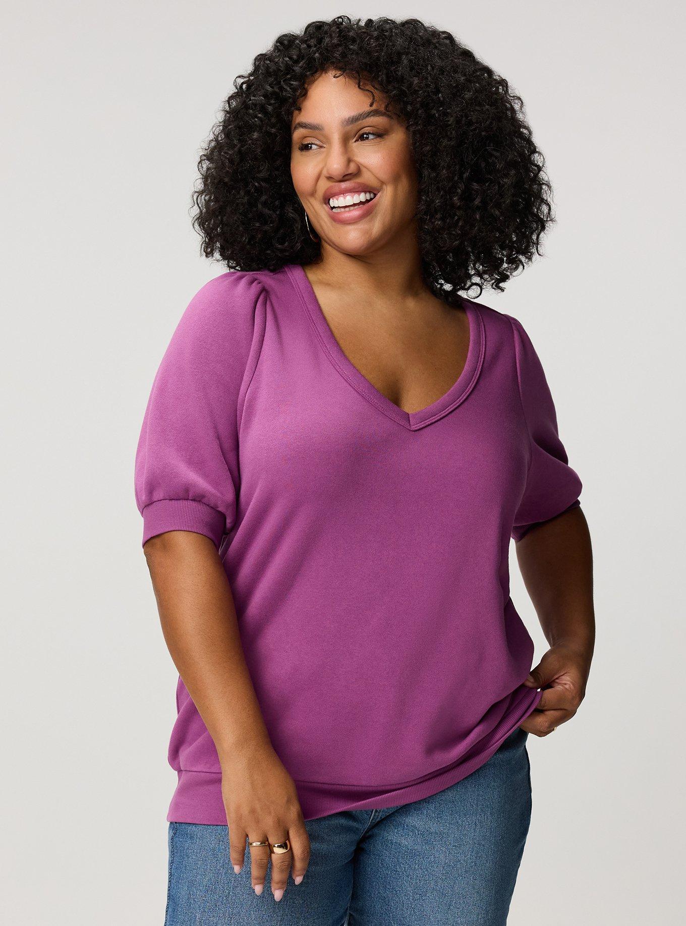 Cozy Fleece Elbow Sleeve V-Neck Sweatshirt, AMETHYST, alternate