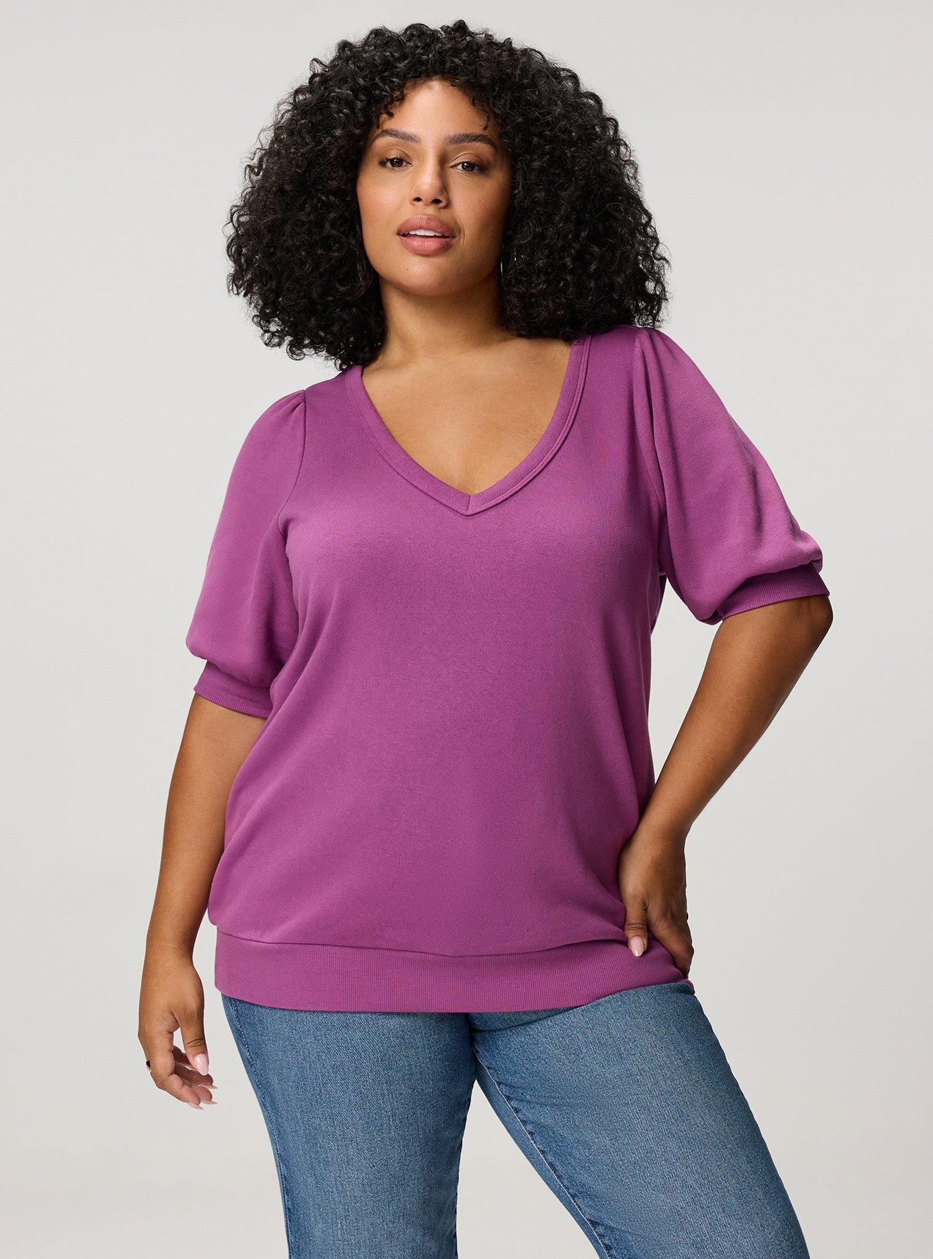 Cozy Fleece Elbow Sleeve V-Neck Sweatshirt, AMETHYST, hi-res