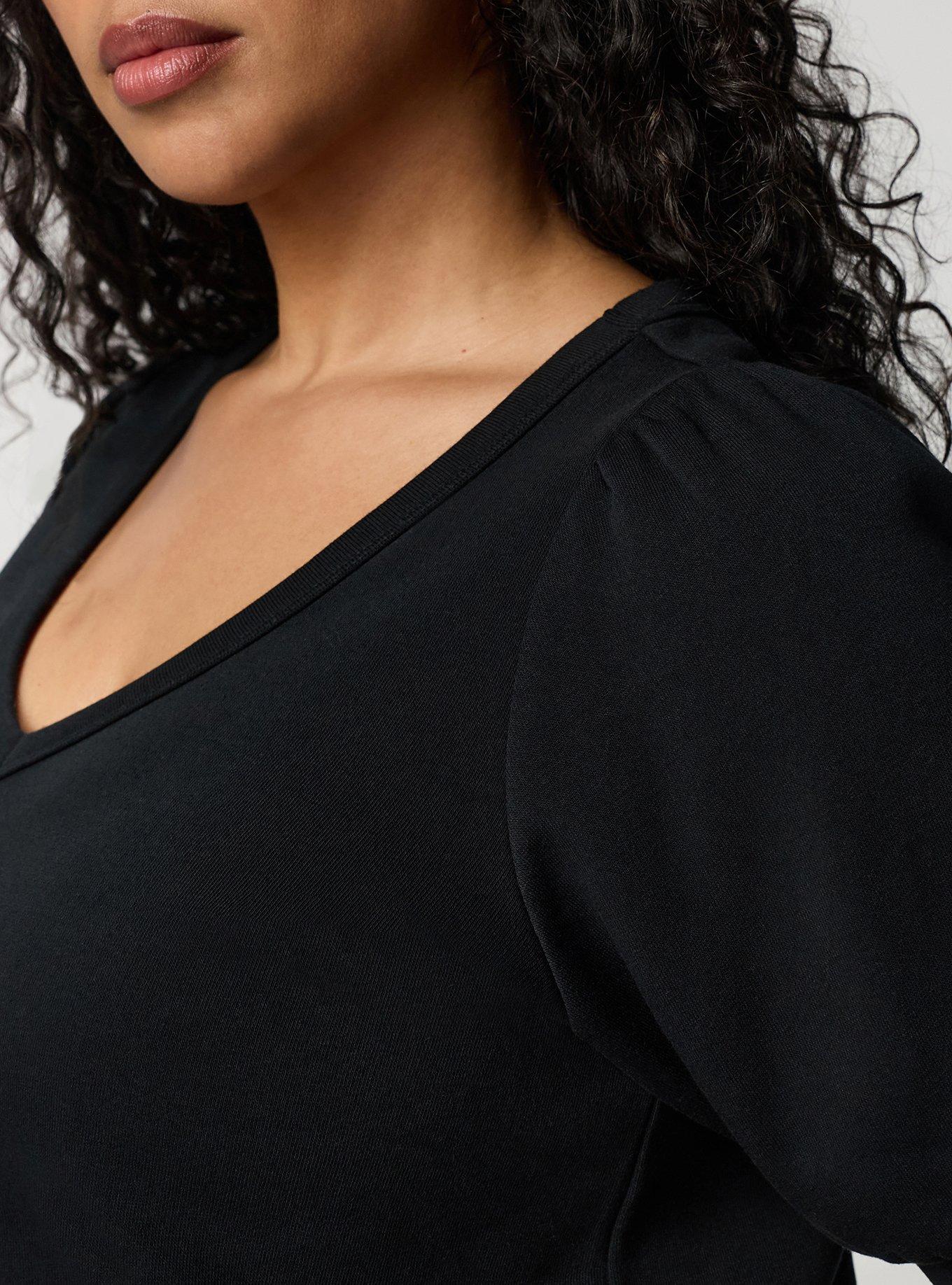 Cozy Fleece Elbow Sleeve V-Neck Sweatshirt, DEEP BLACK, alternate