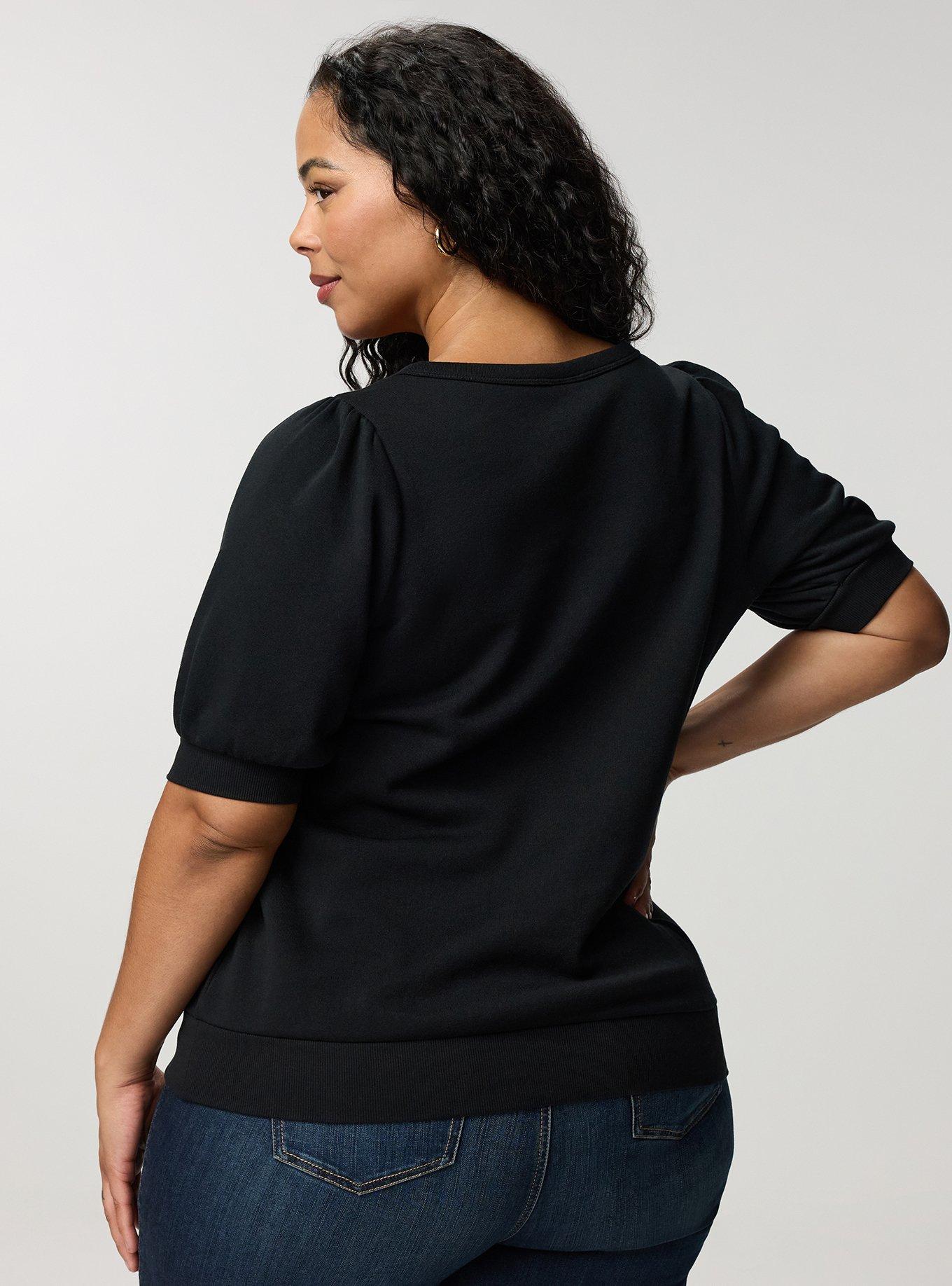 Cozy Fleece Elbow Sleeve V-Neck Sweatshirt, DEEP BLACK, alternate