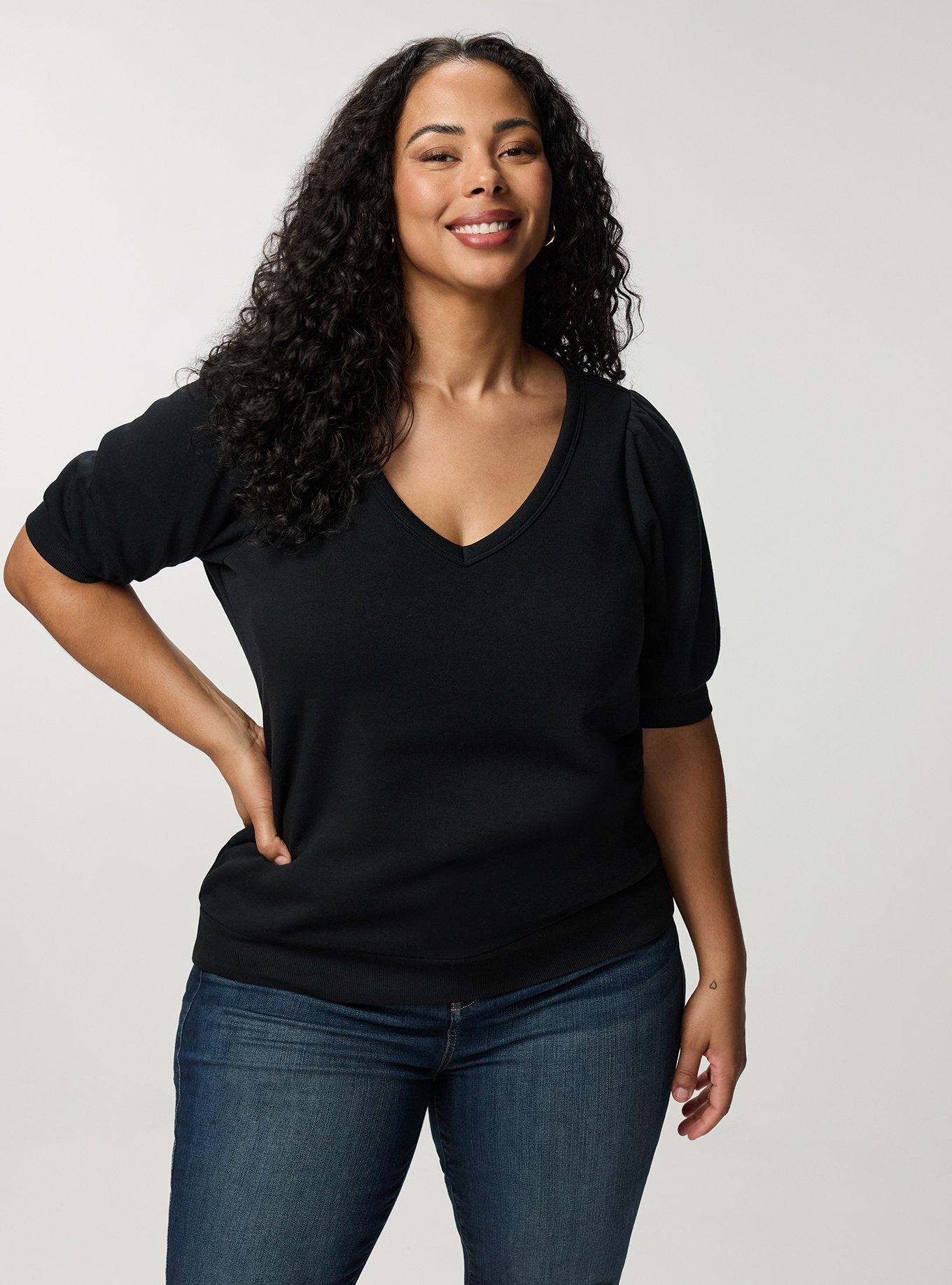 Cozy Fleece Elbow Sleeve V-Neck Sweatshirt, DEEP BLACK, alternate