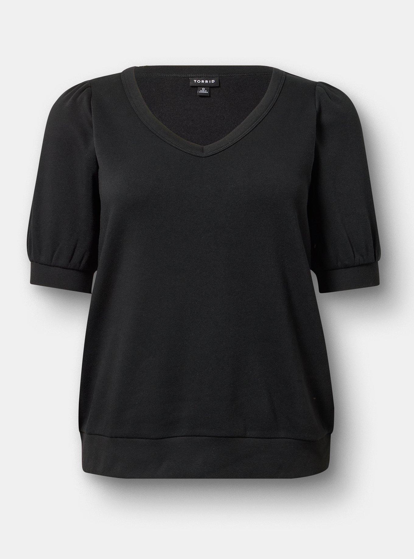 Cozy Fleece Elbow Sleeve V-Neck Sweatshirt, DEEP BLACK, hi-res