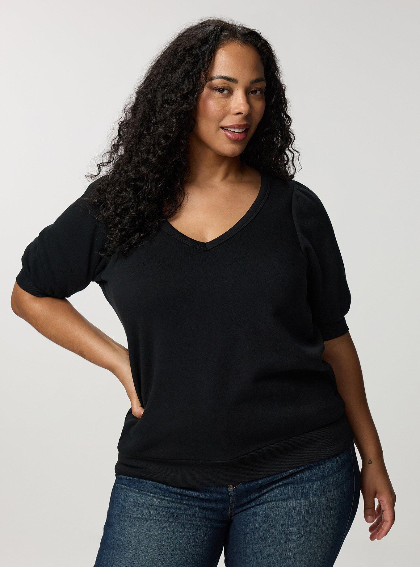Cozy Fleece Elbow Sleeve V-Neck Sweatshirt, DEEP BLACK, hi-res
