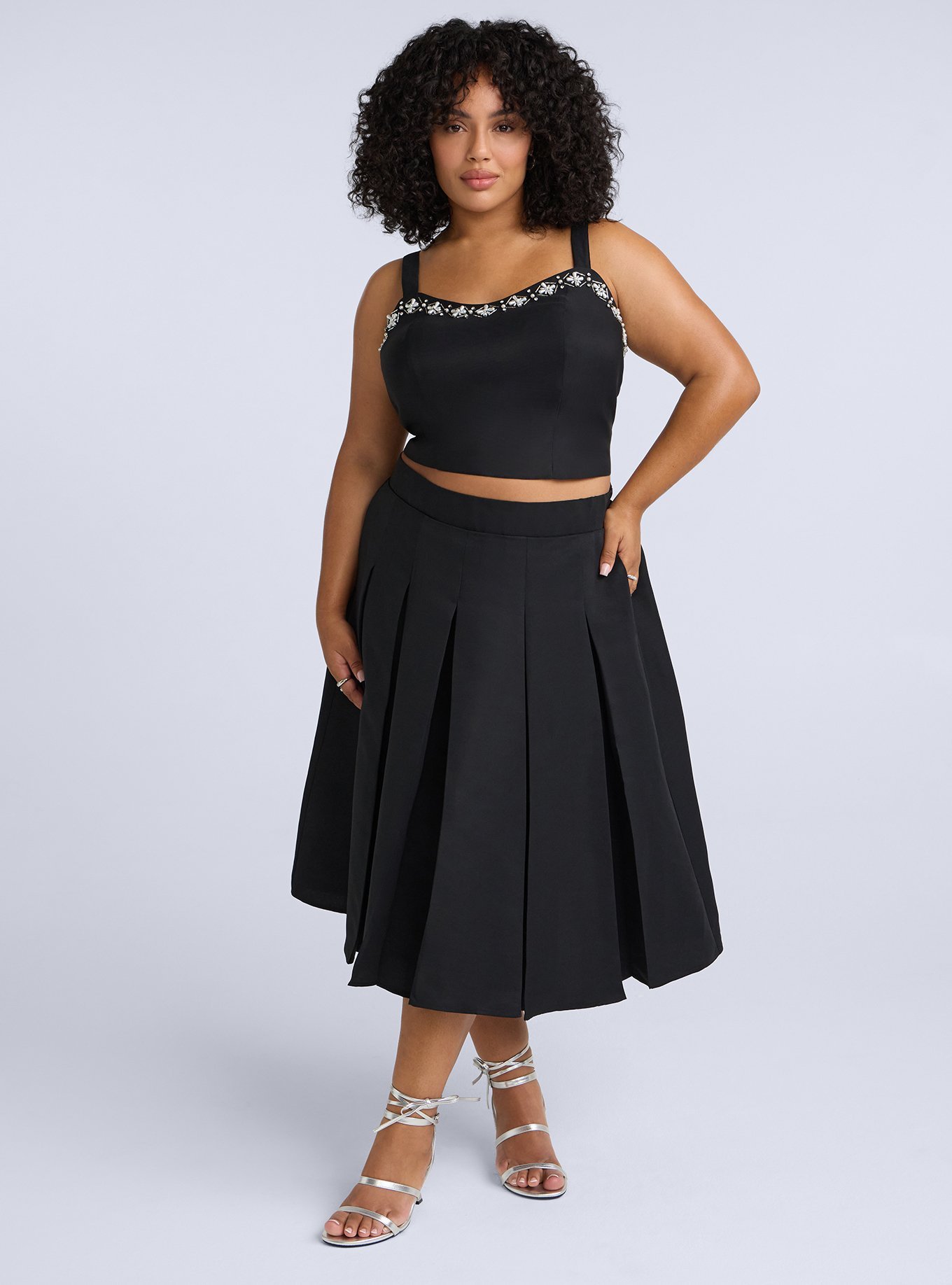 Plus Size Belle Isle Pleated Midi Skirt, DEEP BLACK, alternate