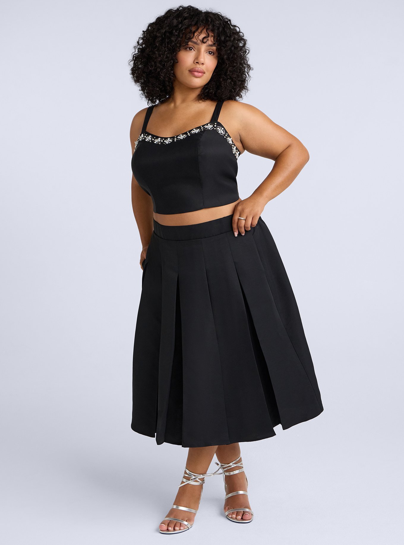 Plus Size Belle Isle Pleated Midi Skirt, DEEP BLACK, hi-res