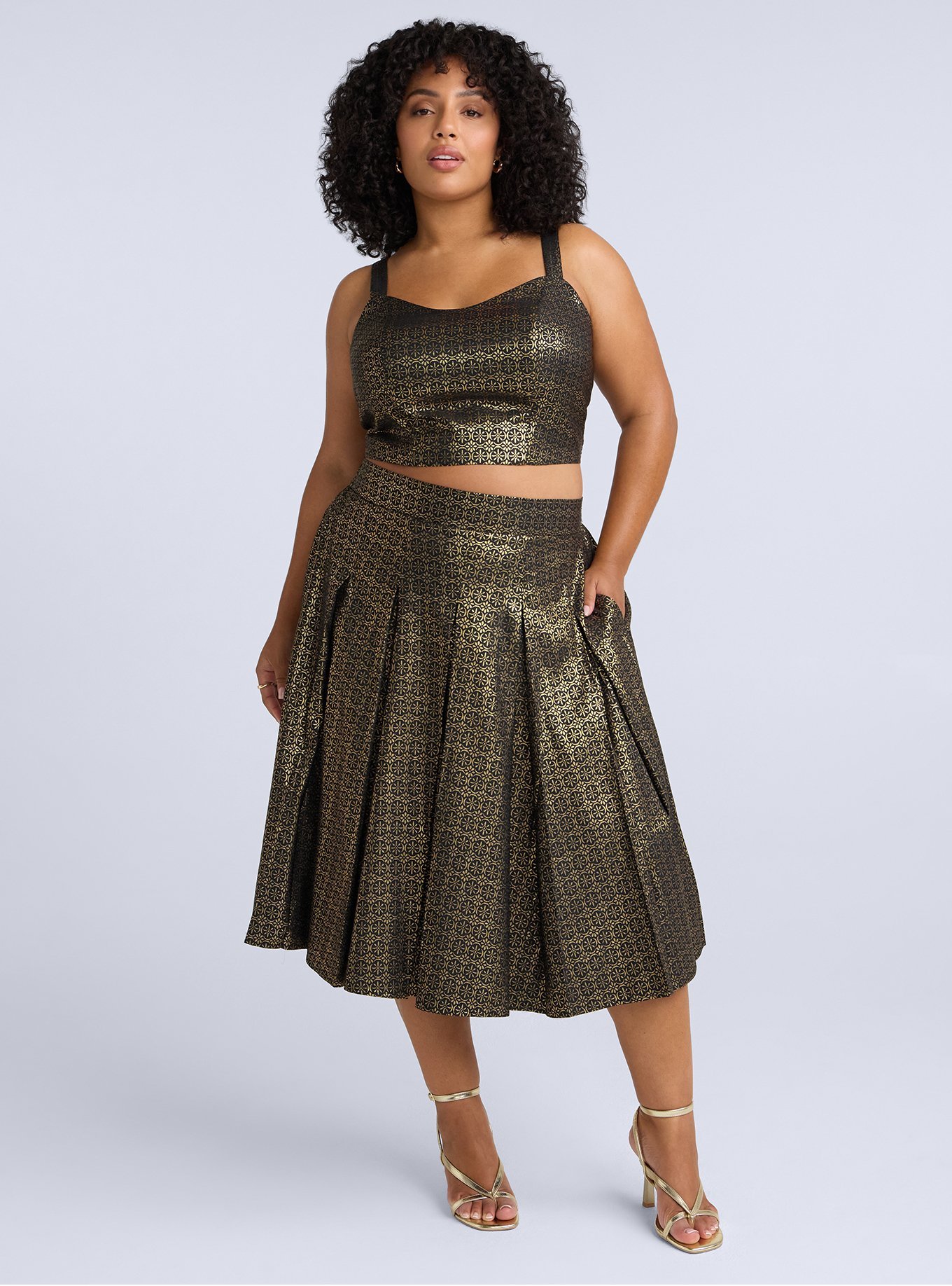 Belle Isle Pleated Midi Skirt, DAISY GEOS GOLD, hi-res