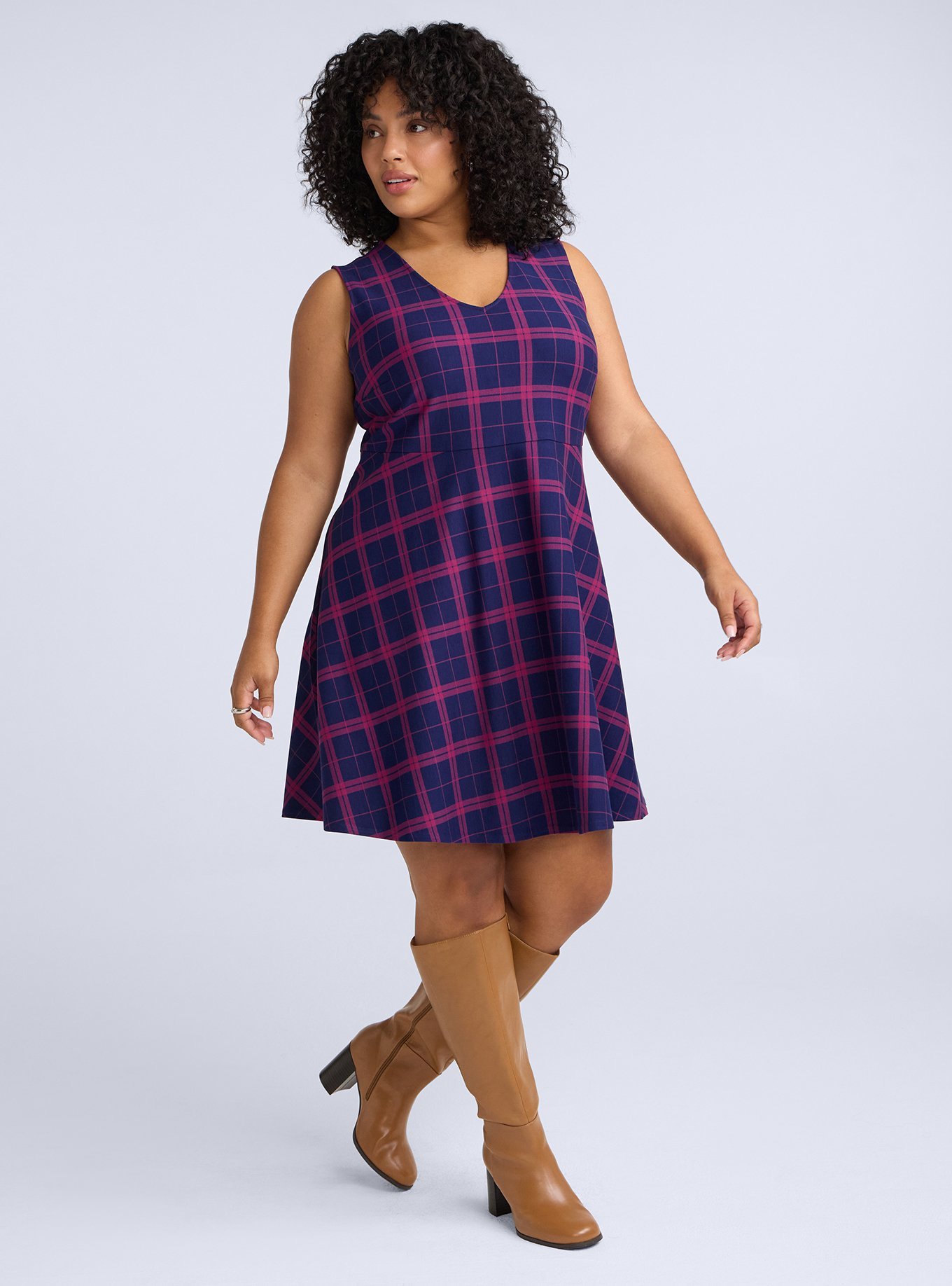 Belle Isle V-Neck Shift Mini Dress, CAFE PLAID NAVY, alternate