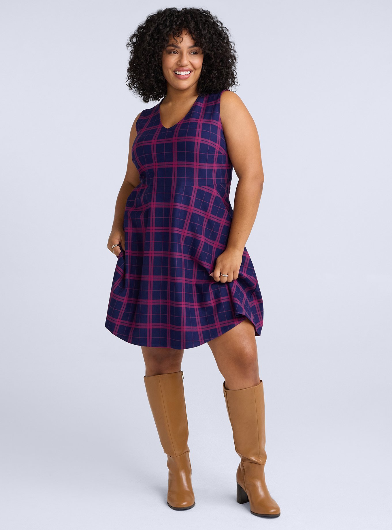 Belle Isle V-Neck Shift Mini Dress, CAFE PLAID NAVY, hi-res