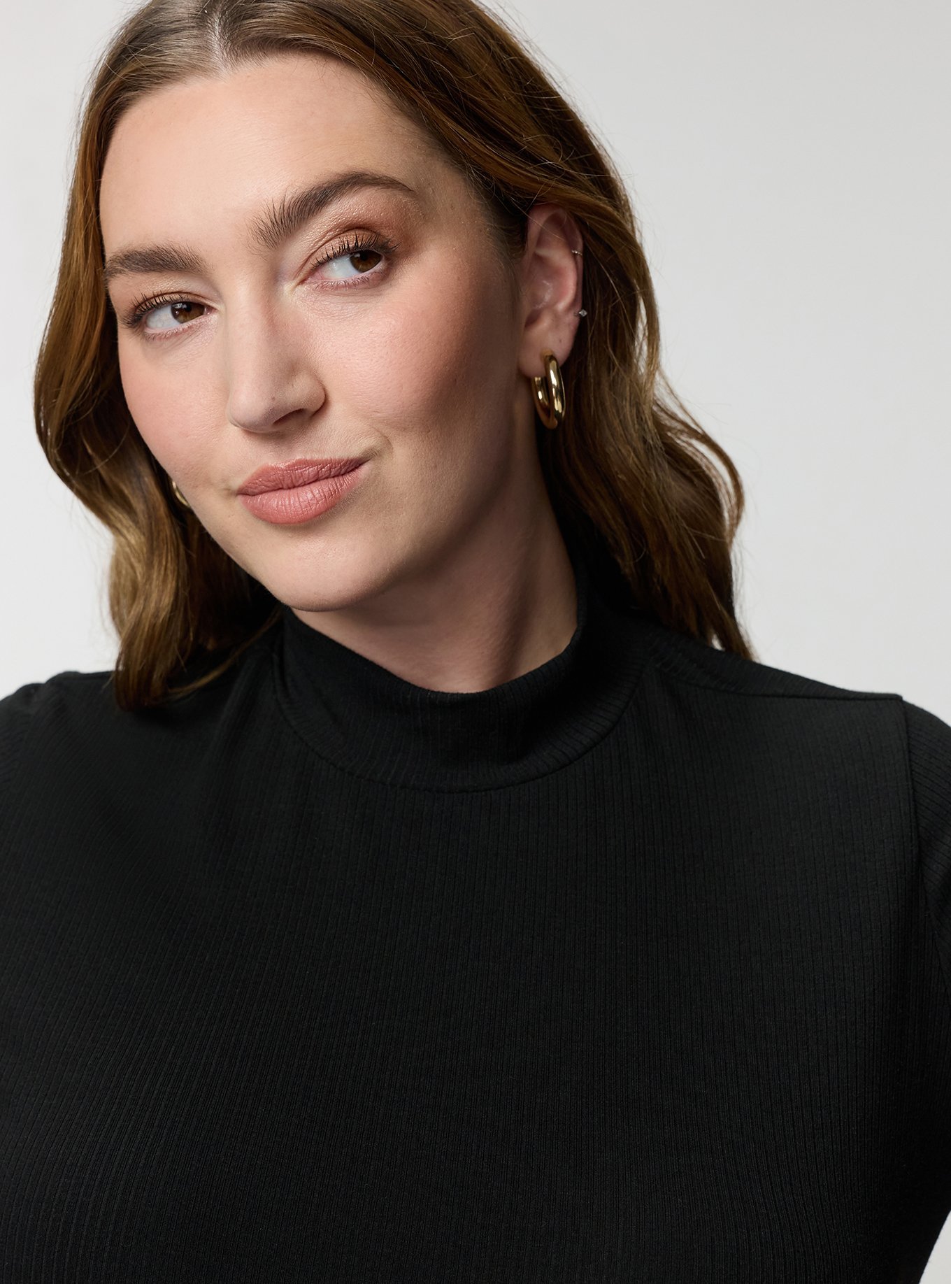 Super Soft Rib Mock Neck Elbow Sleeve Top, DEEP BLACK, alternate