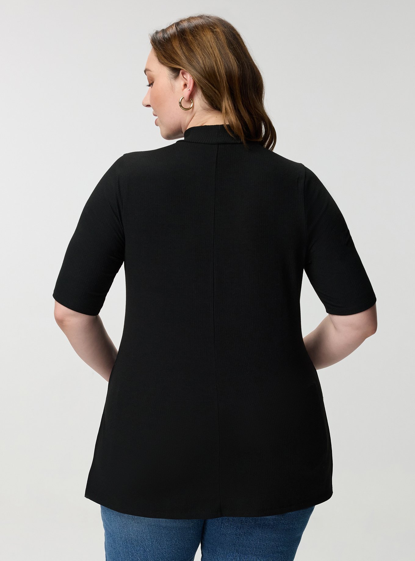Super Soft Rib Mock Neck Elbow Sleeve Top, DEEP BLACK, alternate