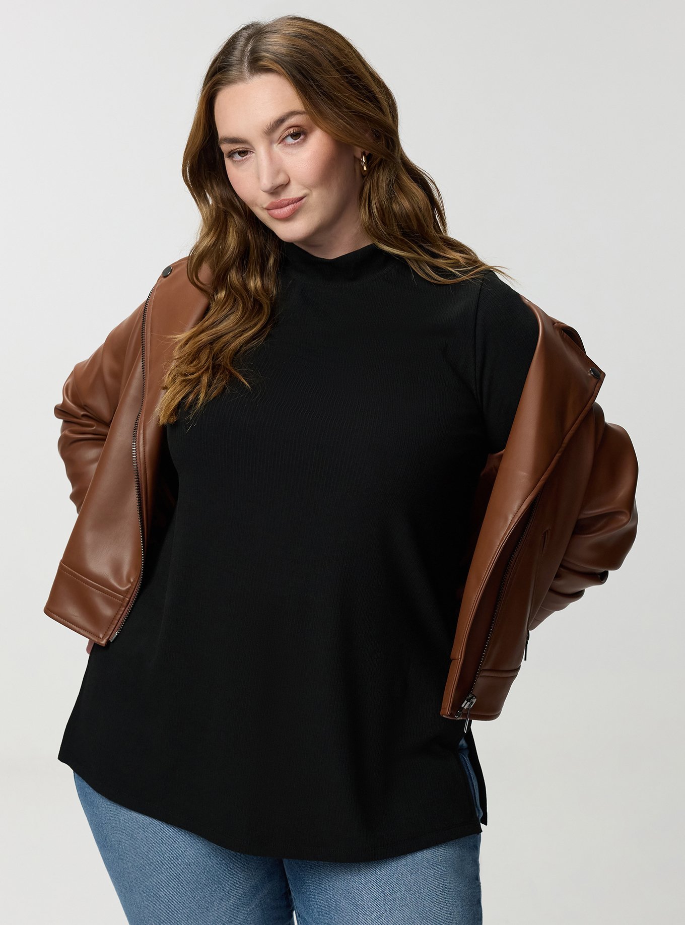 Super Soft Rib Mock Neck Elbow Sleeve Top, DEEP BLACK, alternate