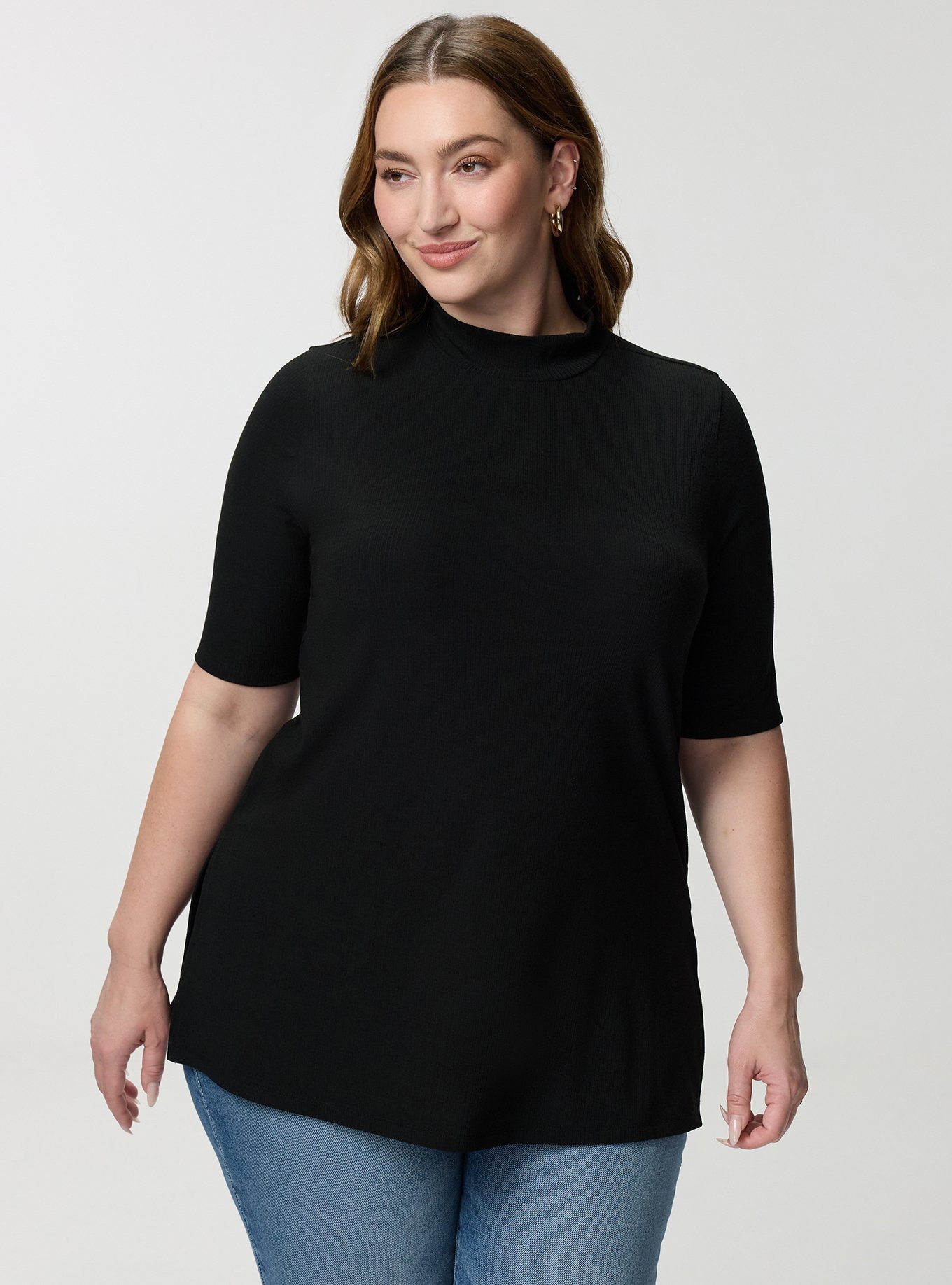 Super Soft Rib Mock Neck Elbow Sleeve Top, DEEP BLACK, hi-res