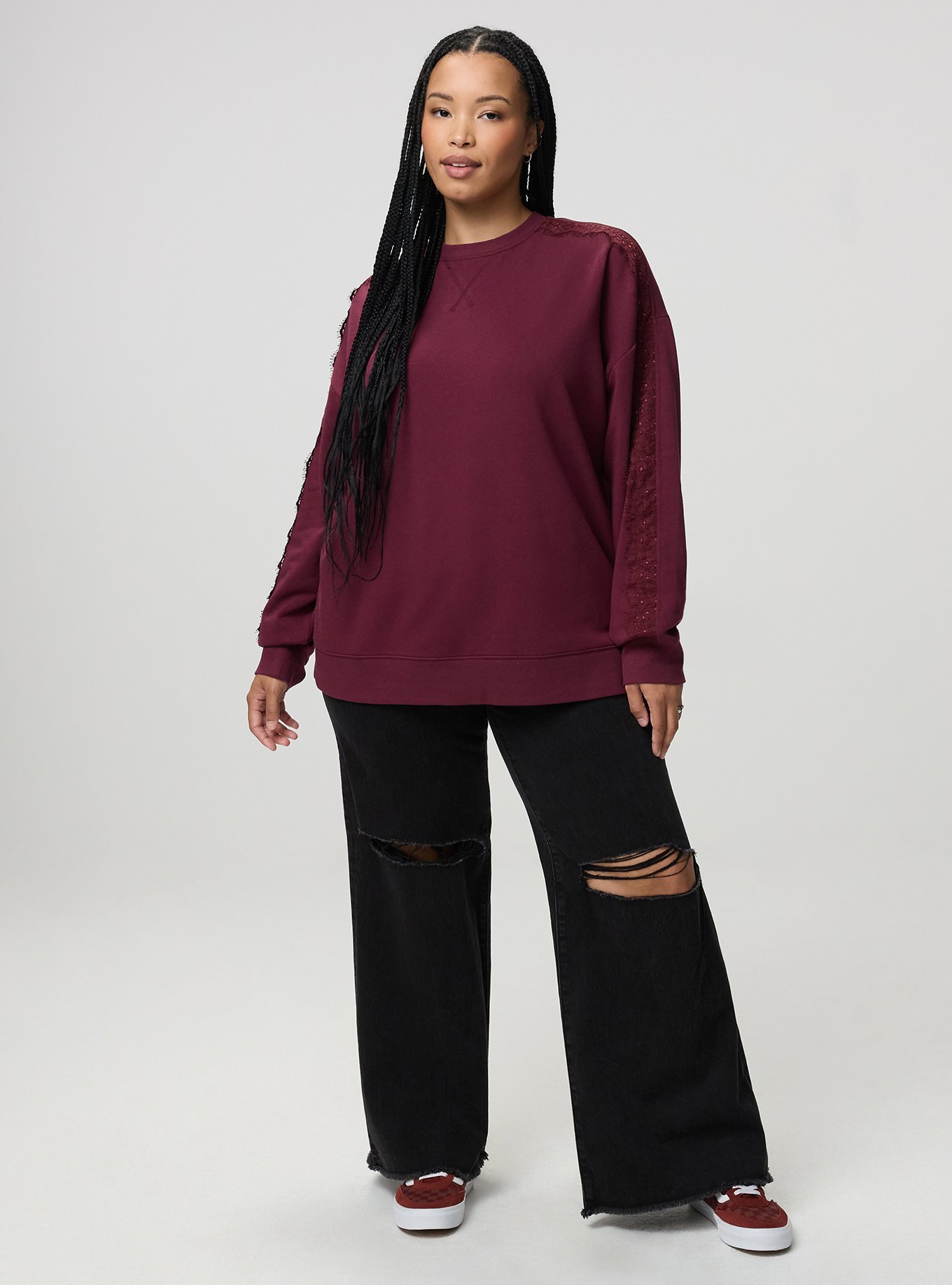 Cozy Fleece Relaxed Lace Trim Sweatshirt, MAROON BANNER, alternate