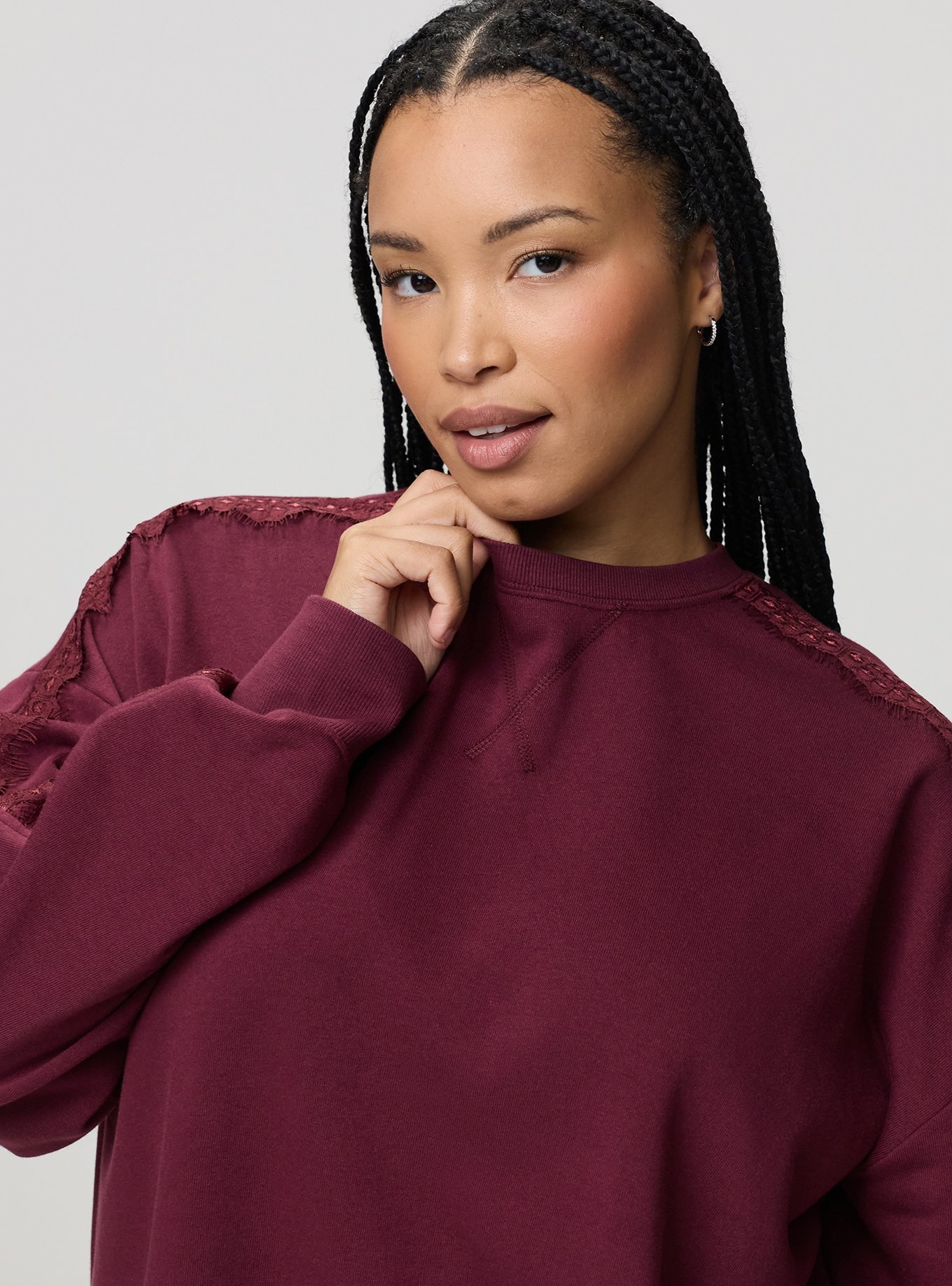 Cozy Fleece Relaxed Lace Trim Sweatshirt, MAROON BANNER, alternate