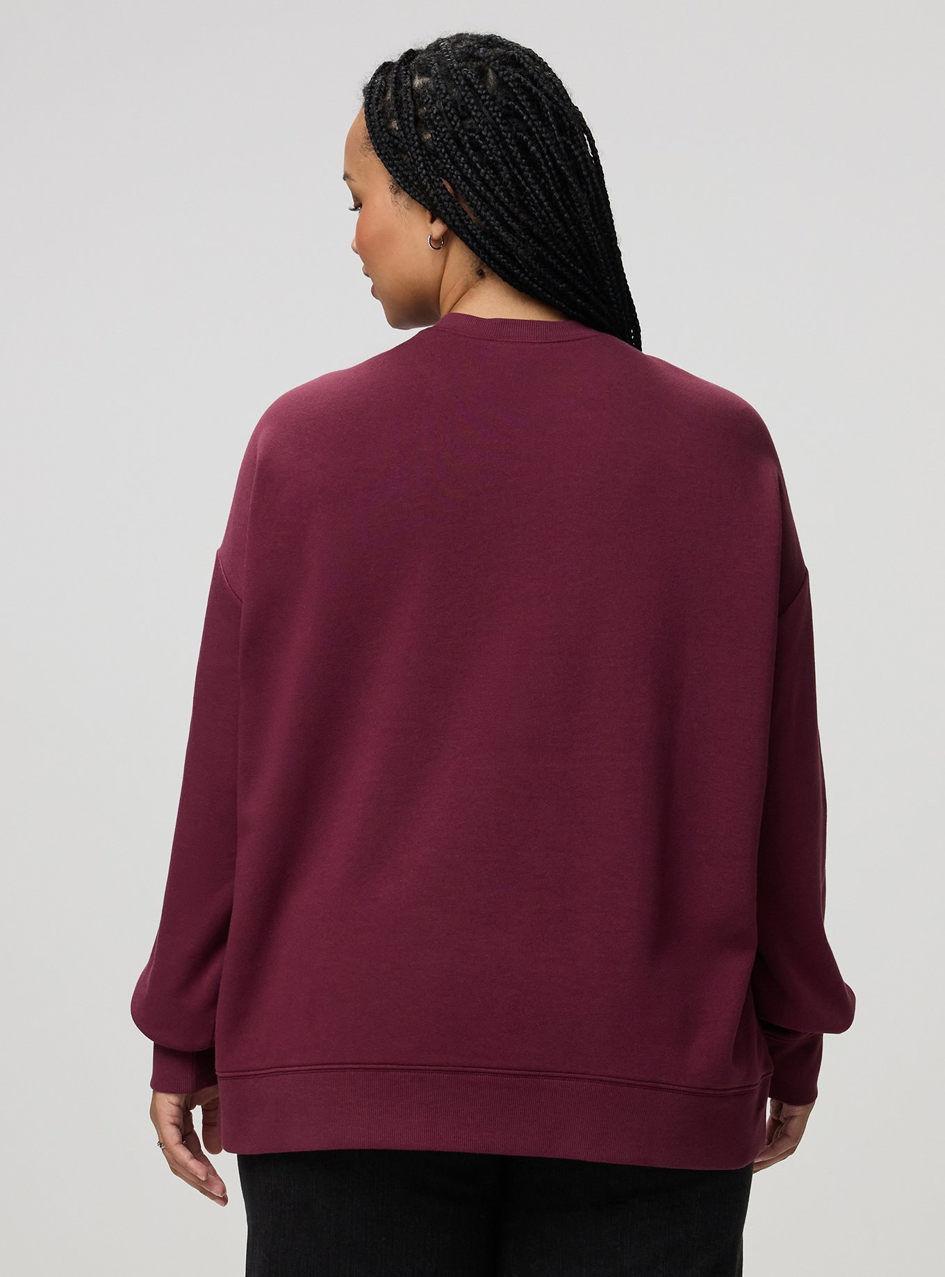 Cozy Fleece Relaxed Lace Trim Sweatshirt, MAROON BANNER, alternate