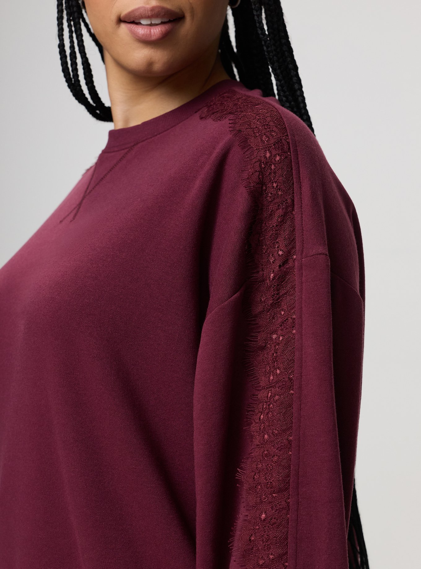 Cozy Fleece Relaxed Lace Trim Sweatshirt, MAROON BANNER, alternate