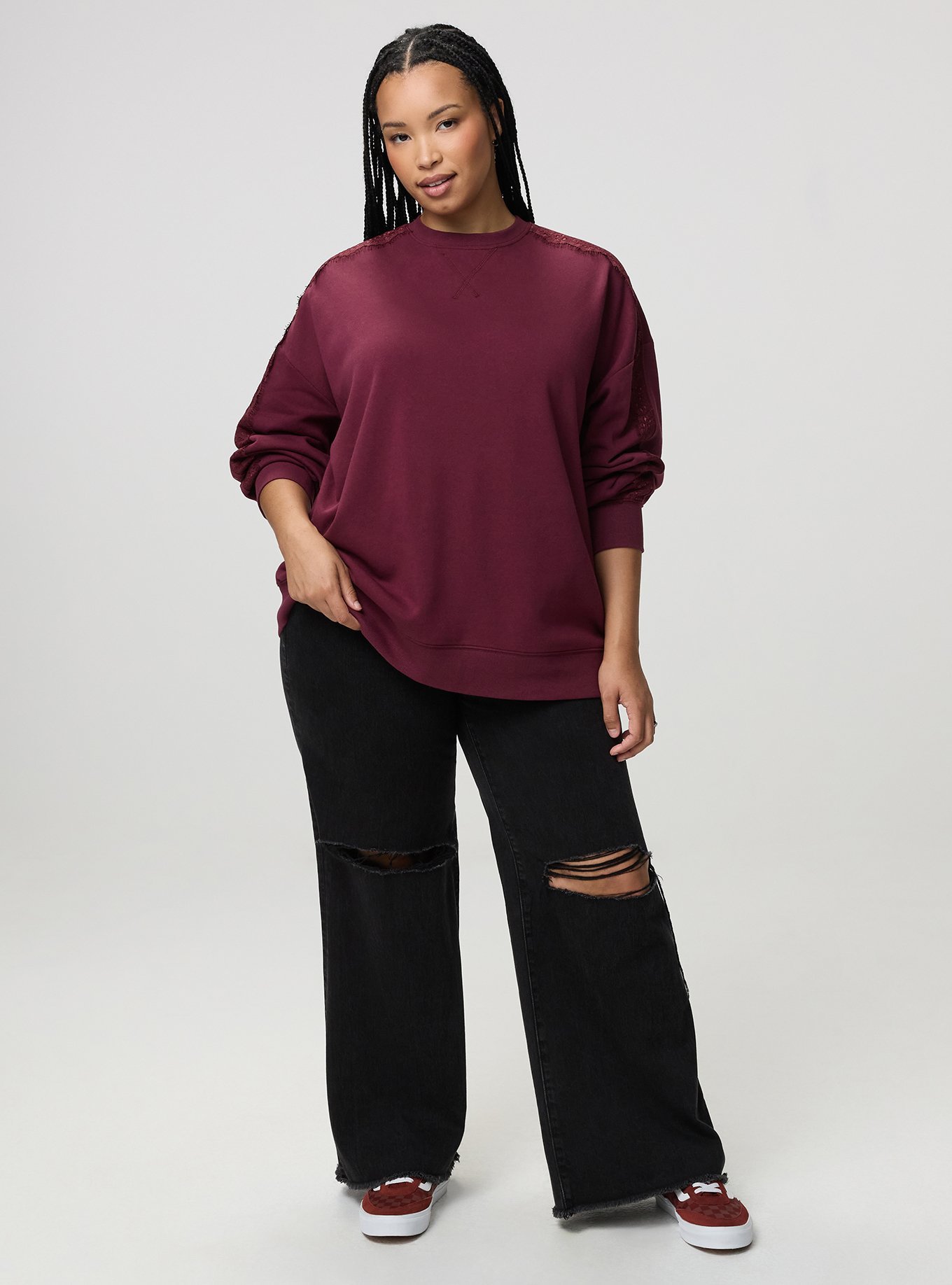 Cozy Fleece Relaxed Lace Trim Sweatshirt, MAROON BANNER, alternate