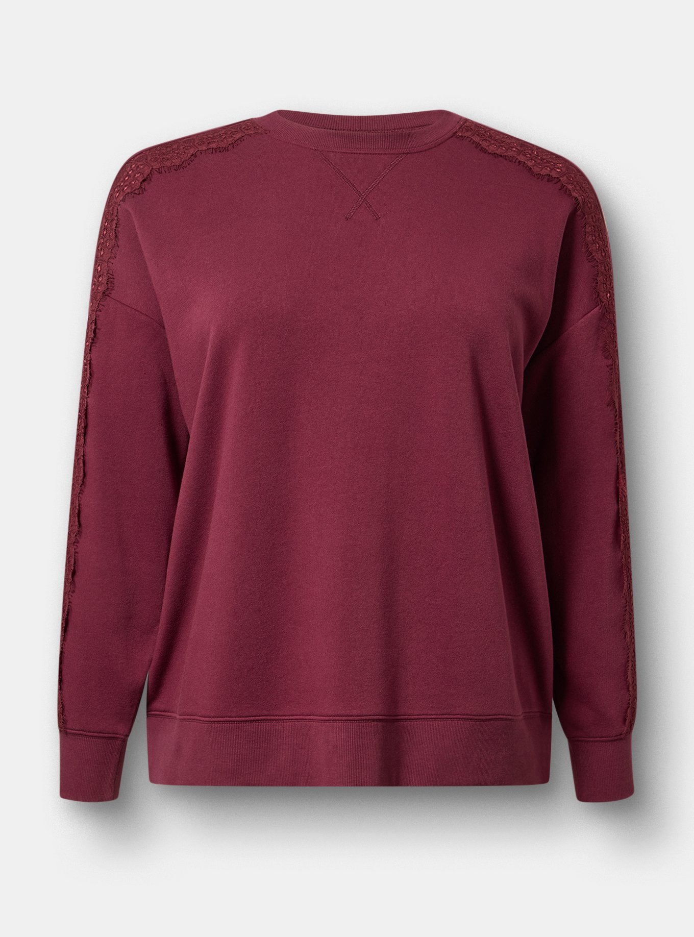 Cozy Fleece Relaxed Lace Trim Sweatshirt, MAROON BANNER, flat