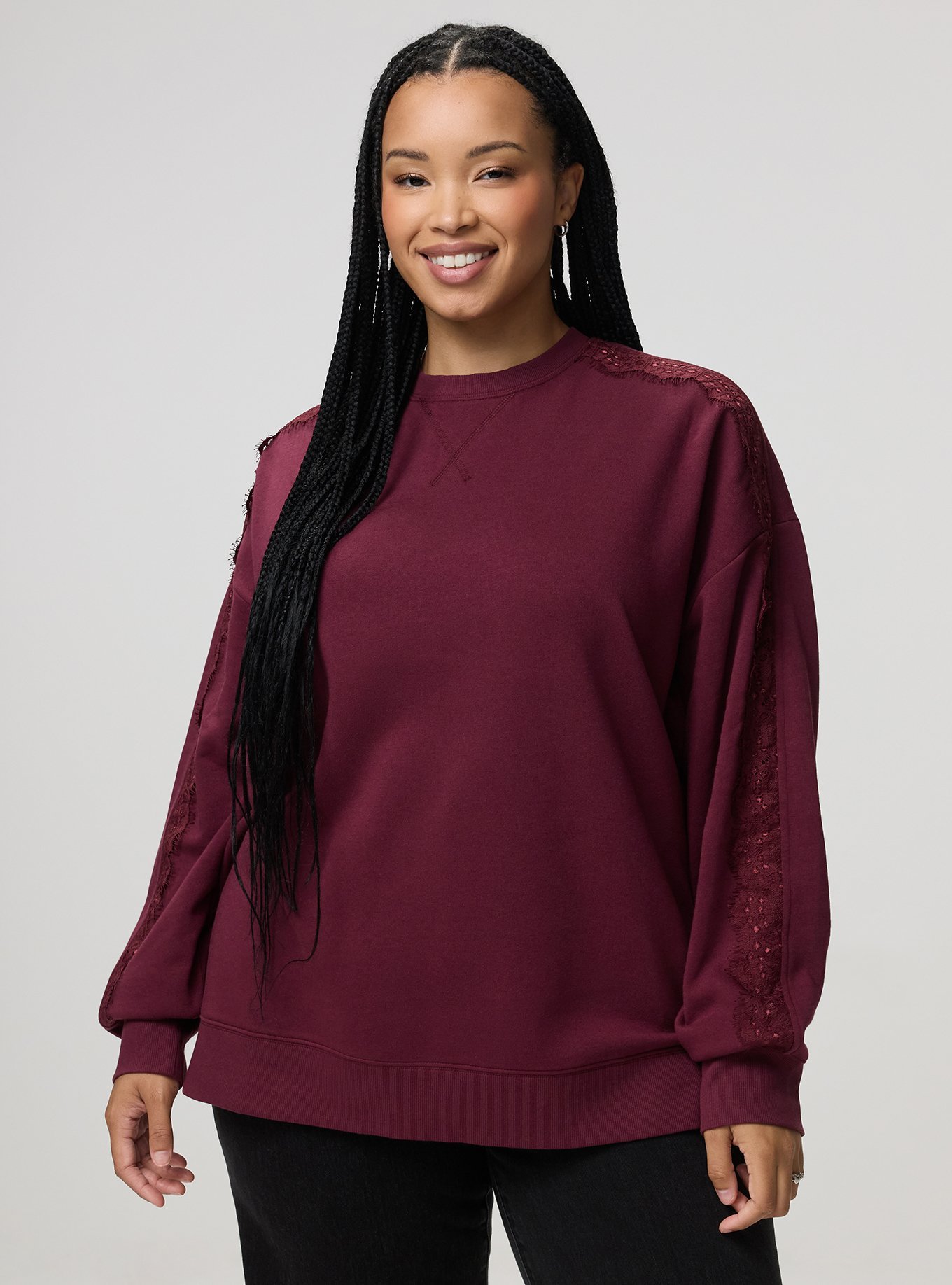 Cozy Fleece Relaxed Lace Trim Sweatshirt, MAROON BANNER, hi-res