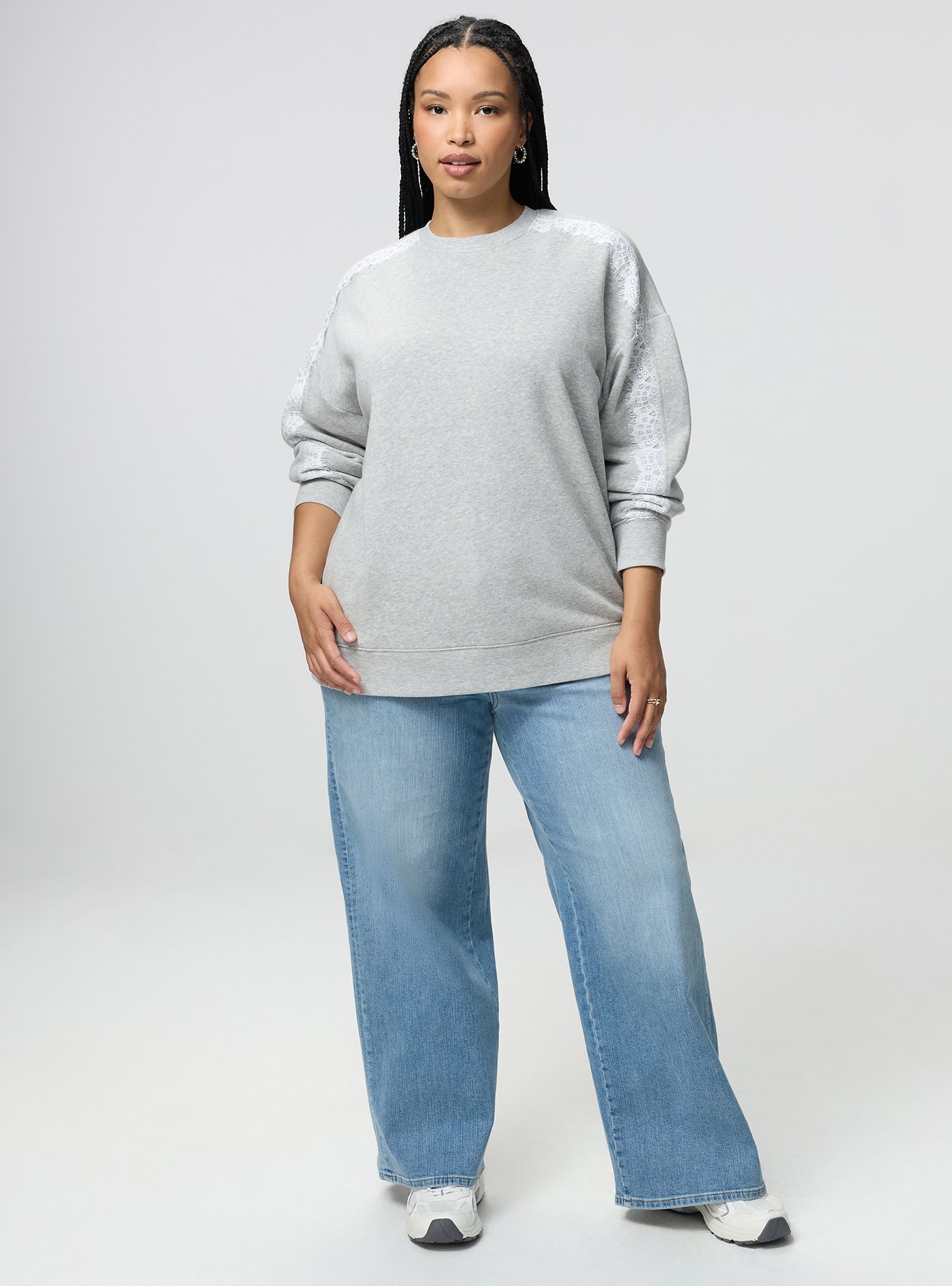 Cozy Fleece Relaxed Lace Trim Sweatshirt, LIGHTEST HEATHER GREY, alternate