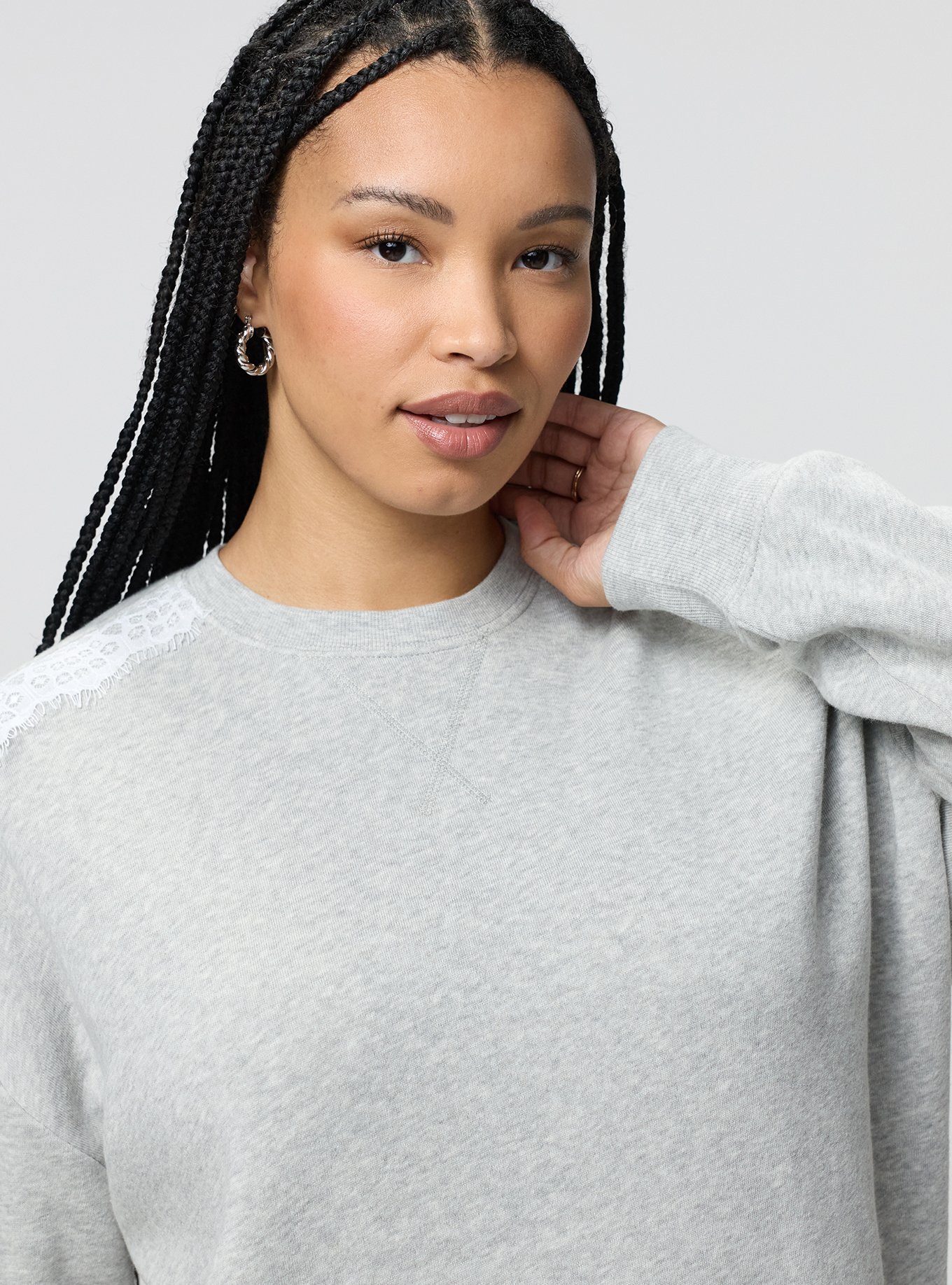 Cozy Fleece Relaxed Lace Trim Sweatshirt, LIGHTEST HEATHER GREY, alternate