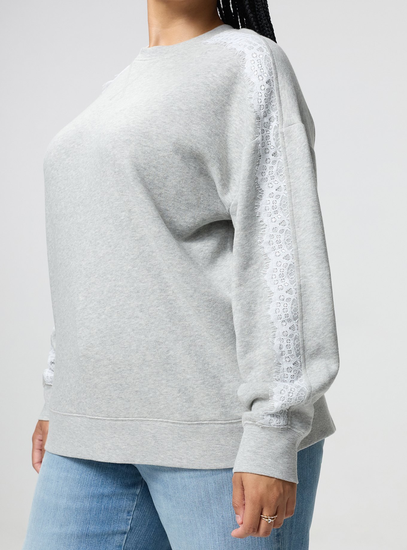 Cozy Fleece Relaxed Lace Trim Sweatshirt, LIGHTEST HEATHER GREY, alternate