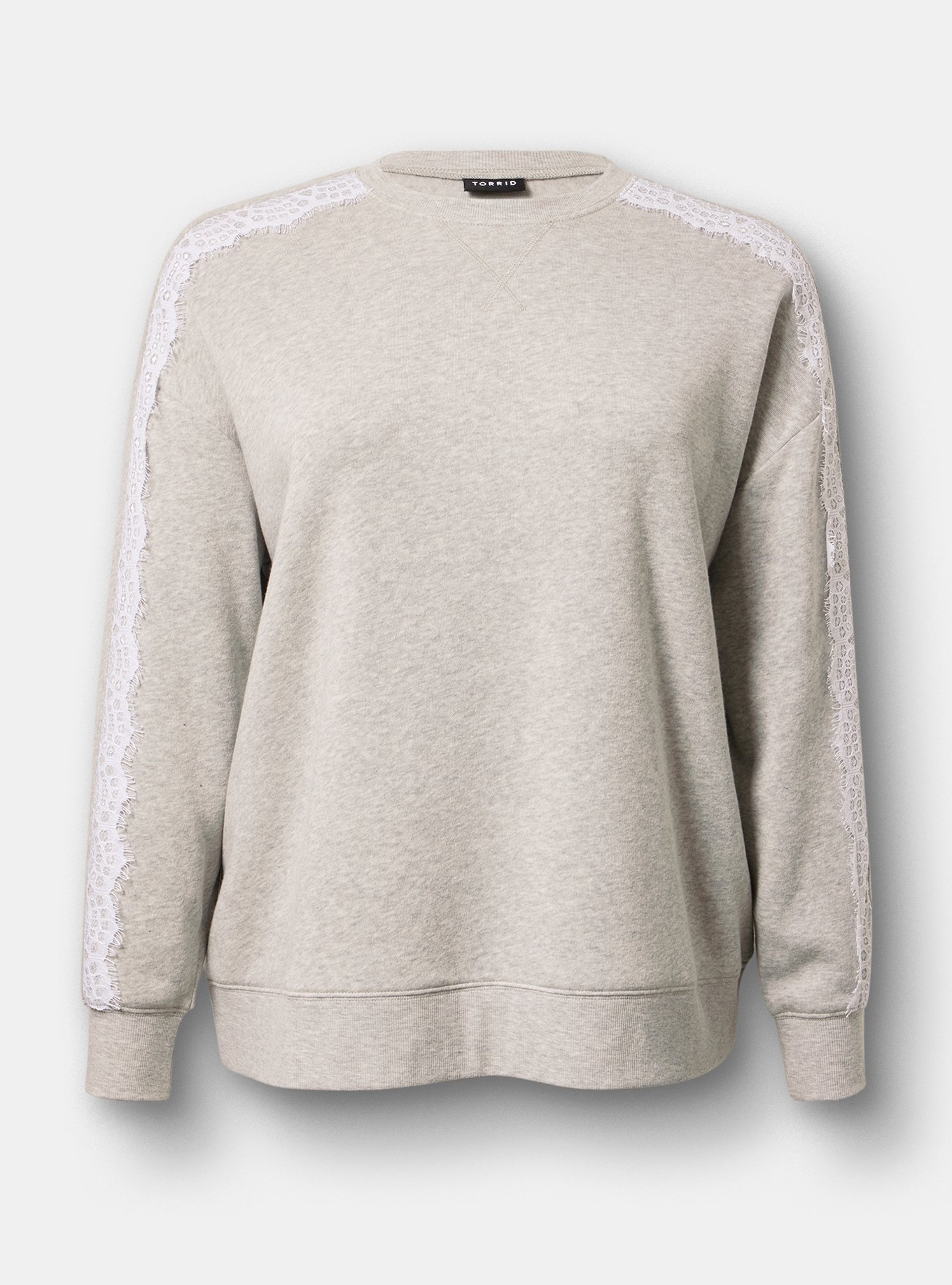Cozy Fleece Relaxed Lace Trim Sweatshirt, LIGHTEST HEATHER GREY, flat