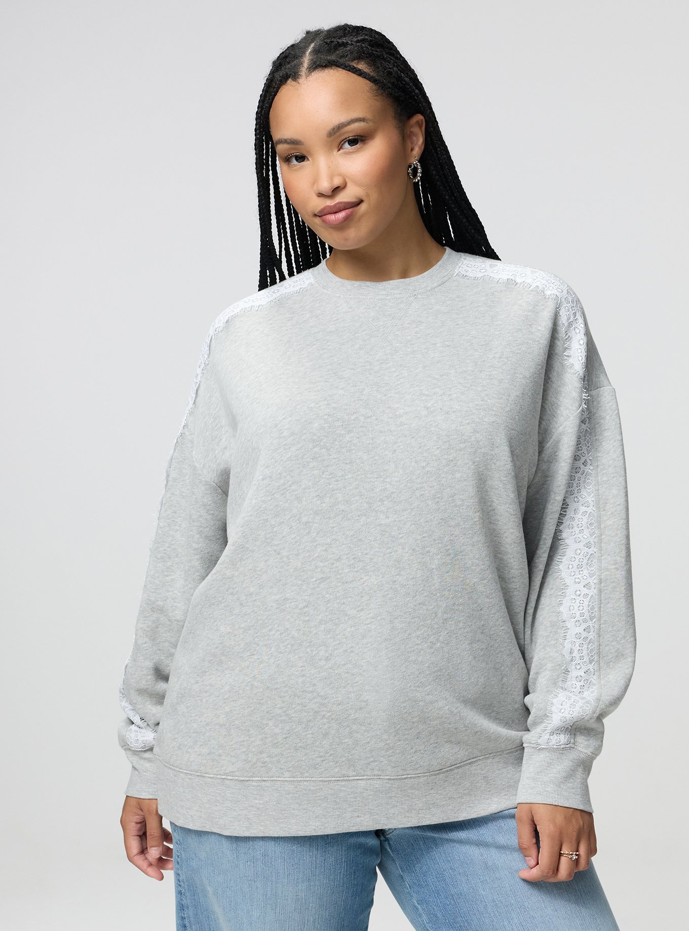 Cozy Fleece Relaxed Lace Trim Sweatshirt, LIGHTEST HEATHER GREY, hi-res