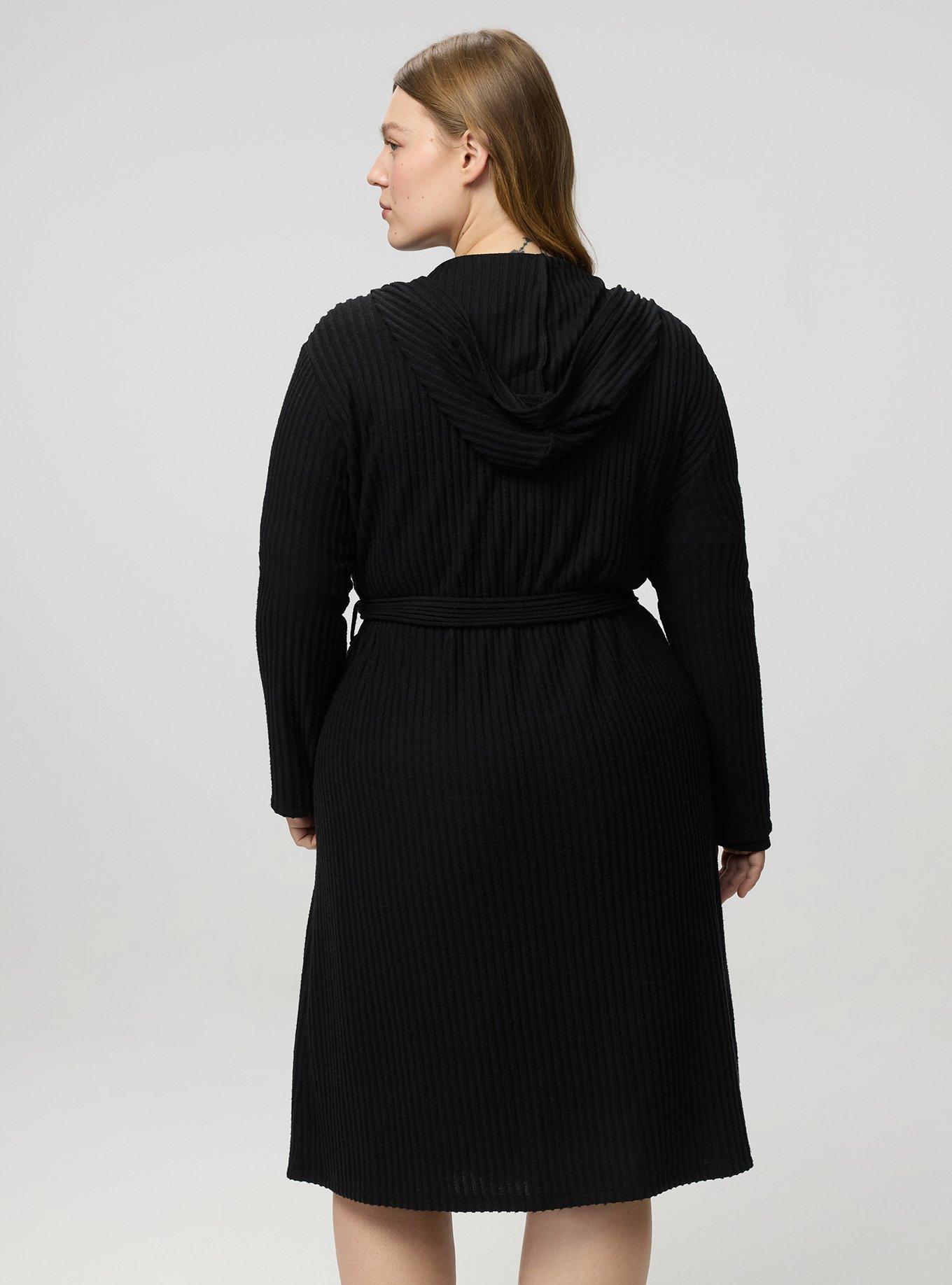 Super Soft Plush Rib Hooded Sleep Robe, DEEP BLACK, alternate