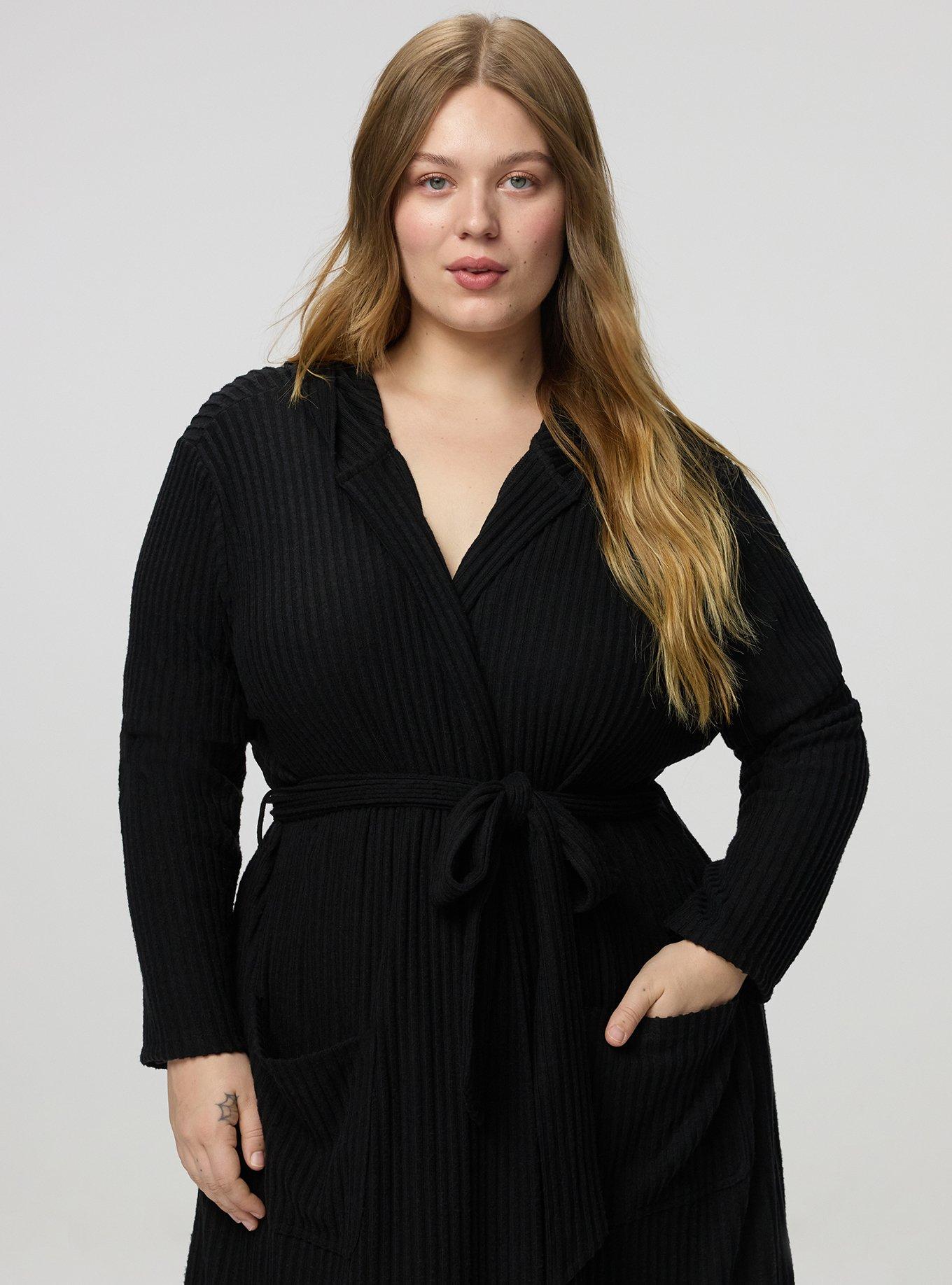 Super Soft Plush Rib Hooded Sleep Robe, DEEP BLACK, alternate