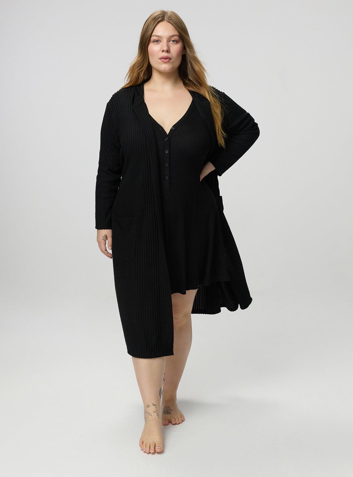 Super Soft Plush Rib Hooded Sleep Robe, DEEP BLACK, alternate