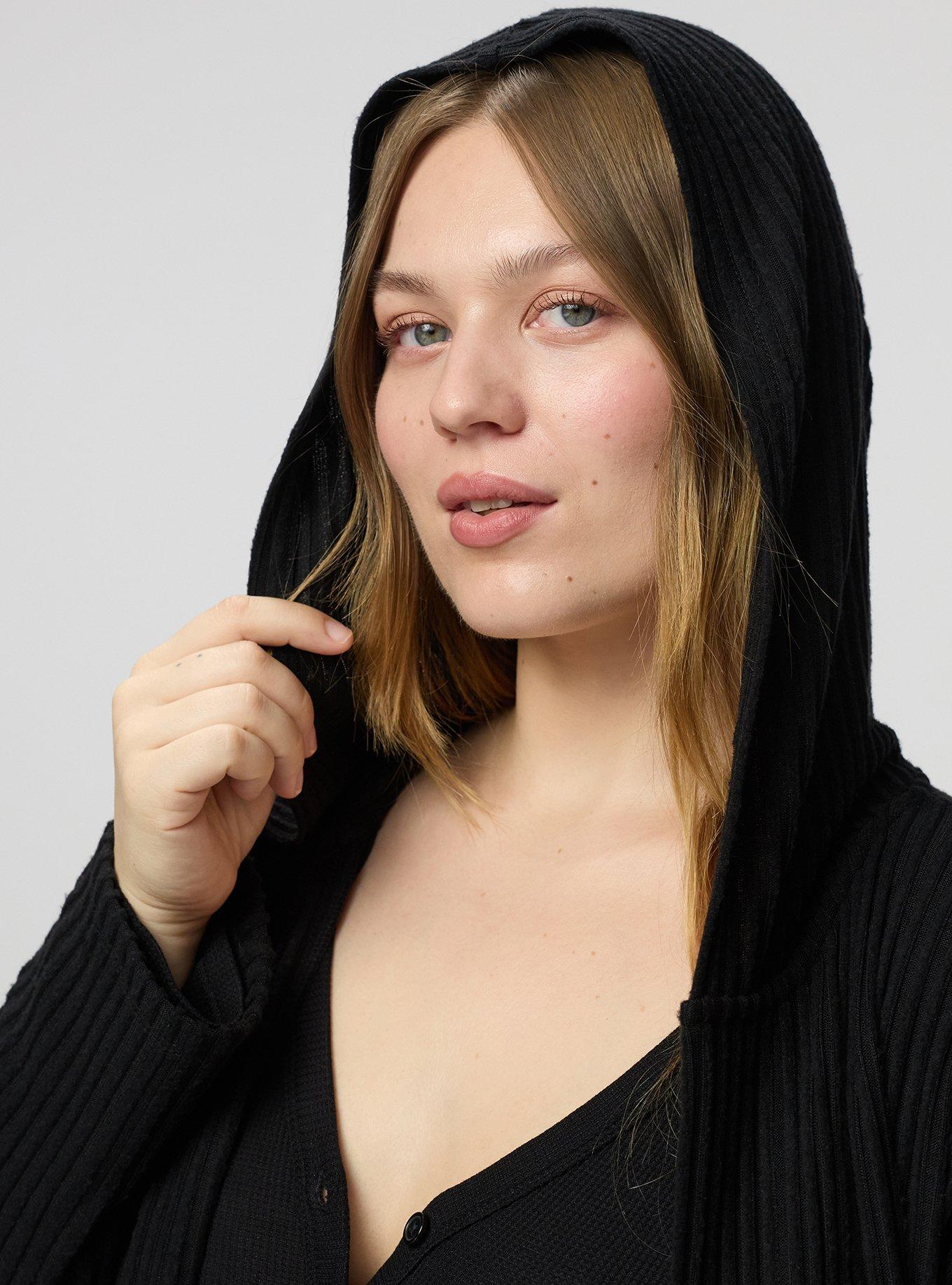 Super Soft Plush Rib Hooded Sleep Robe, DEEP BLACK, alternate