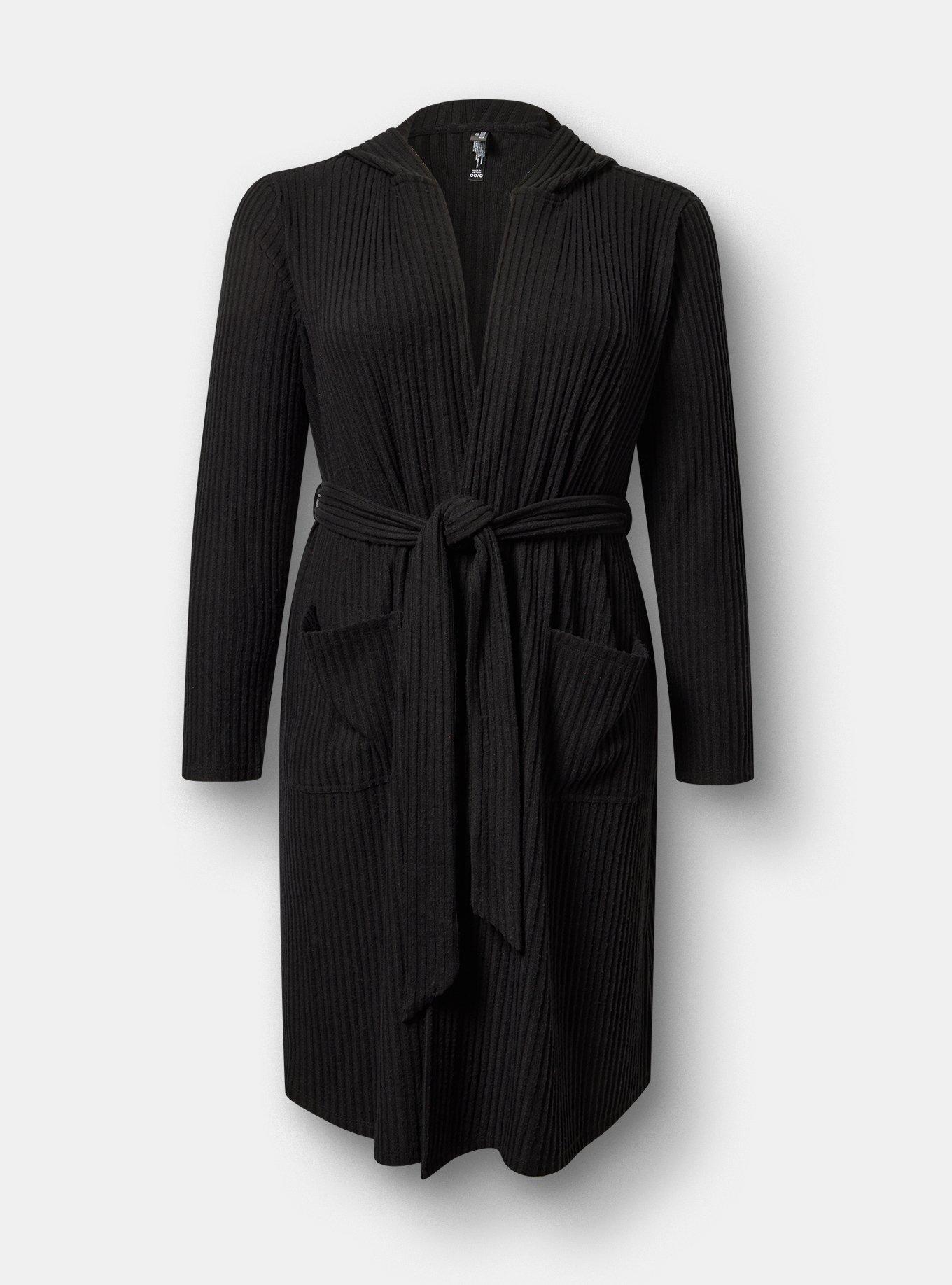 Super Soft Plush Rib Hooded Sleep Robe, DEEP BLACK, flat